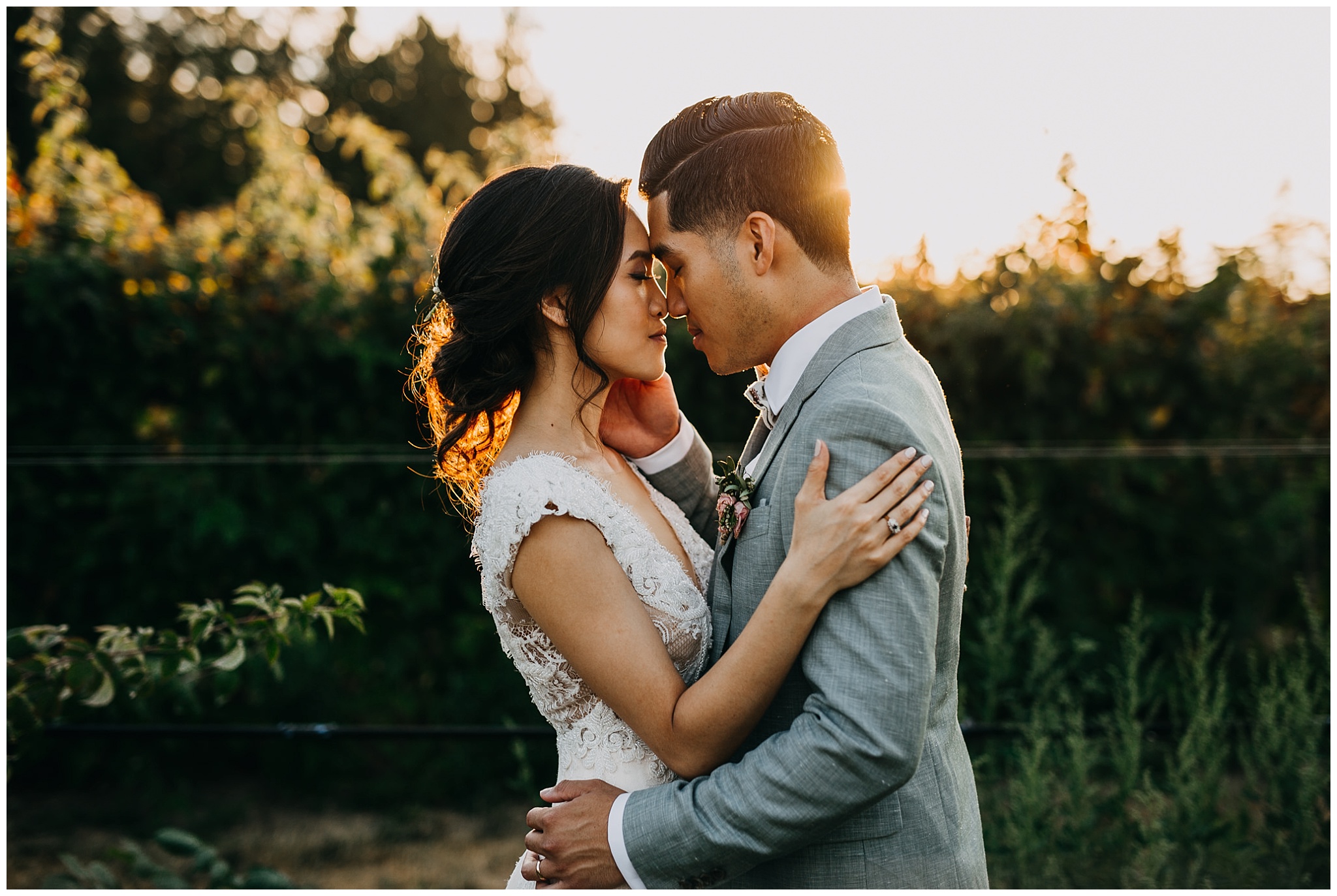 bride and groom golden hour sunset portrait at krause berry farm wedding