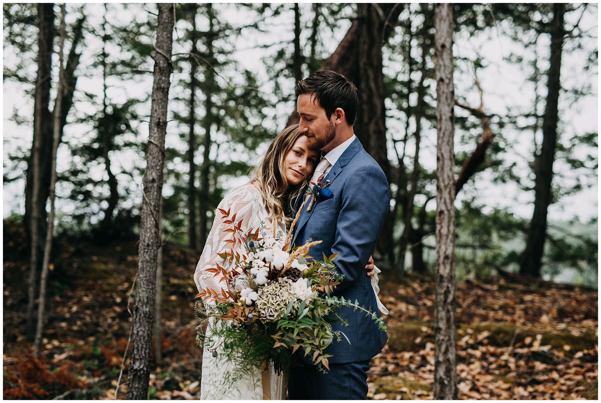 bride and groom portrait at intimate mayne island backyard wedding