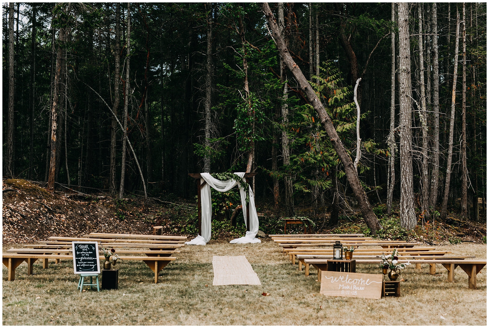 intimate mayne island backyard wedding ceremony set up decor