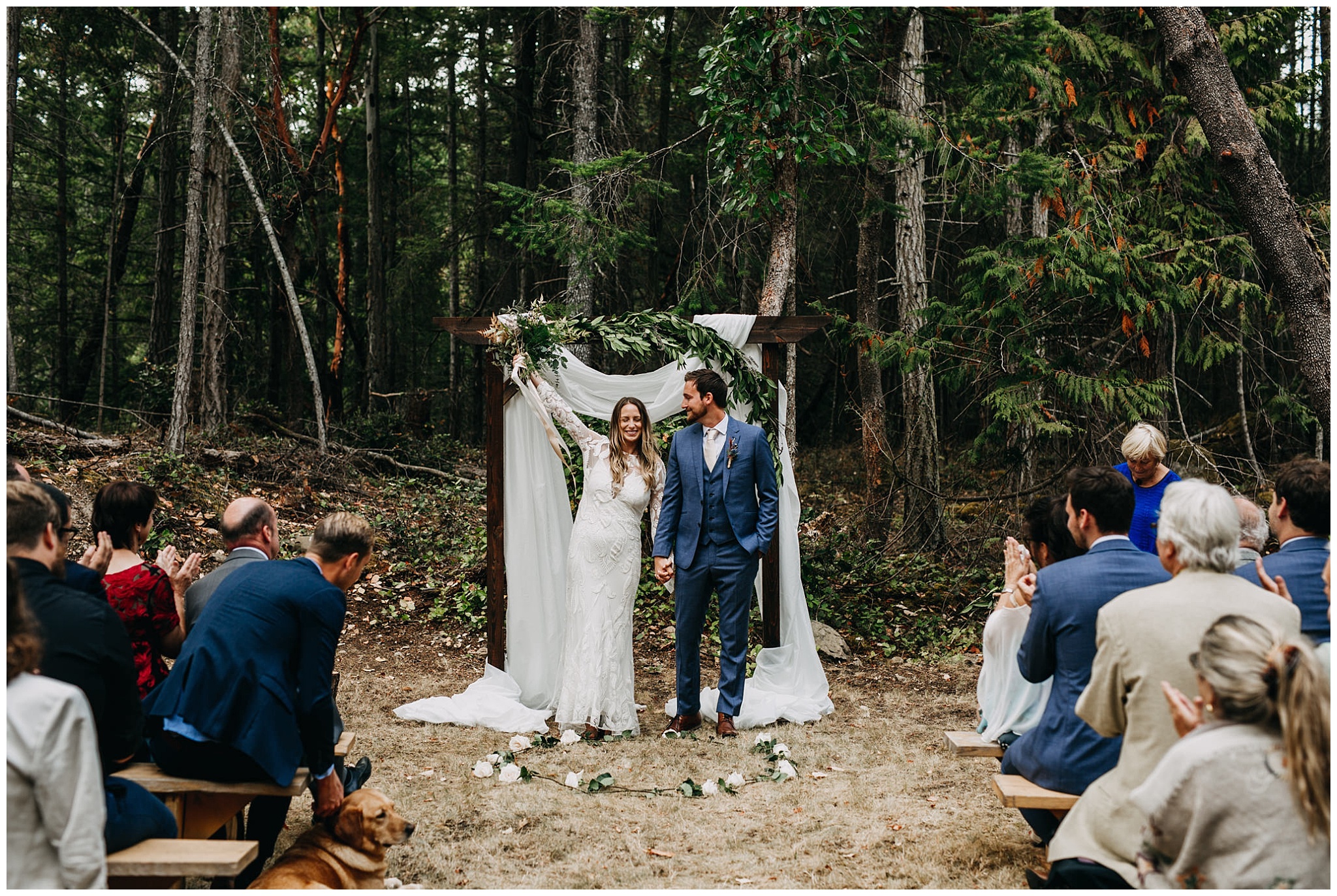 bride and groom ceremony exit at intimate mayne island backyard wedding