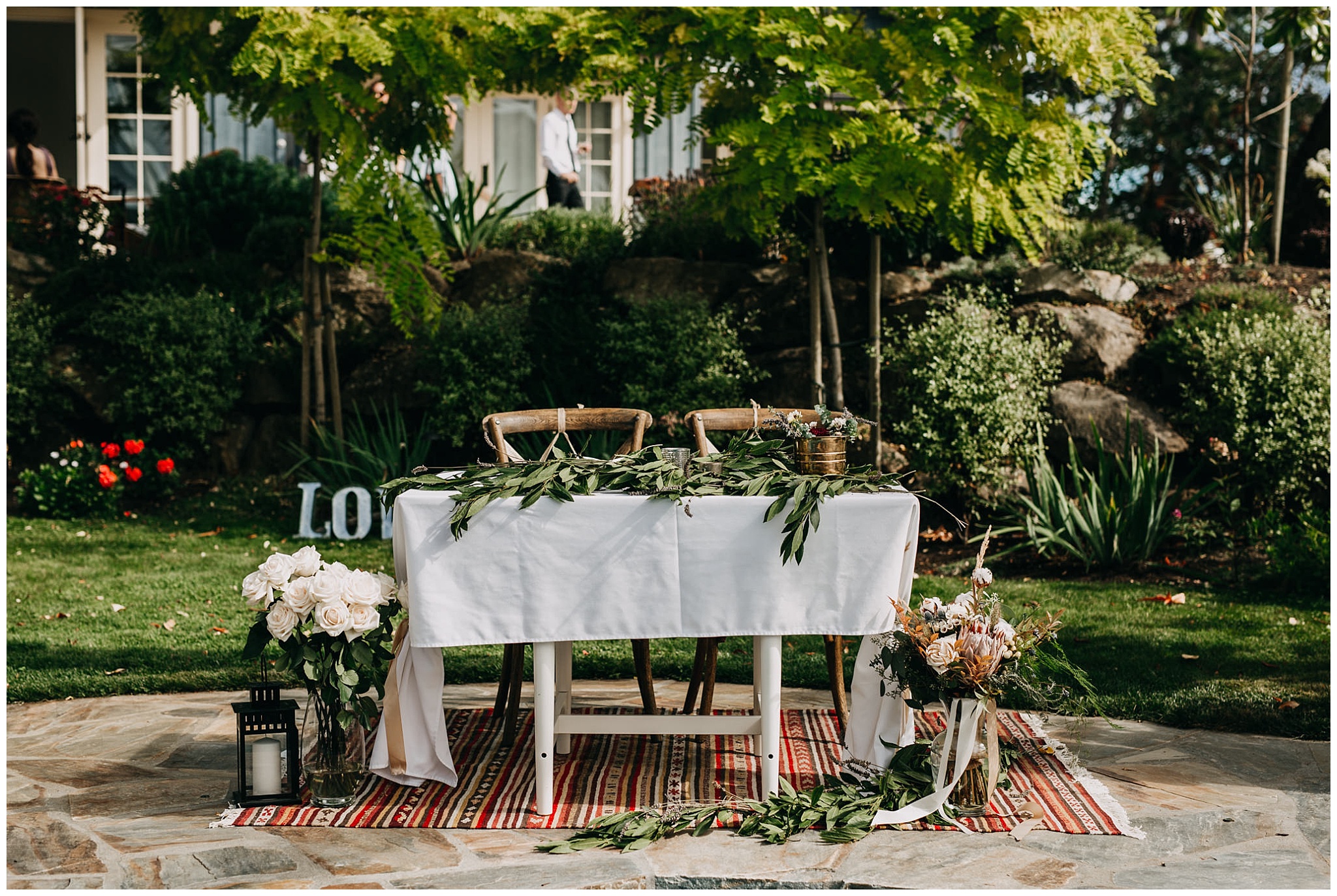 intimate mayne island backyard wedding reception decor