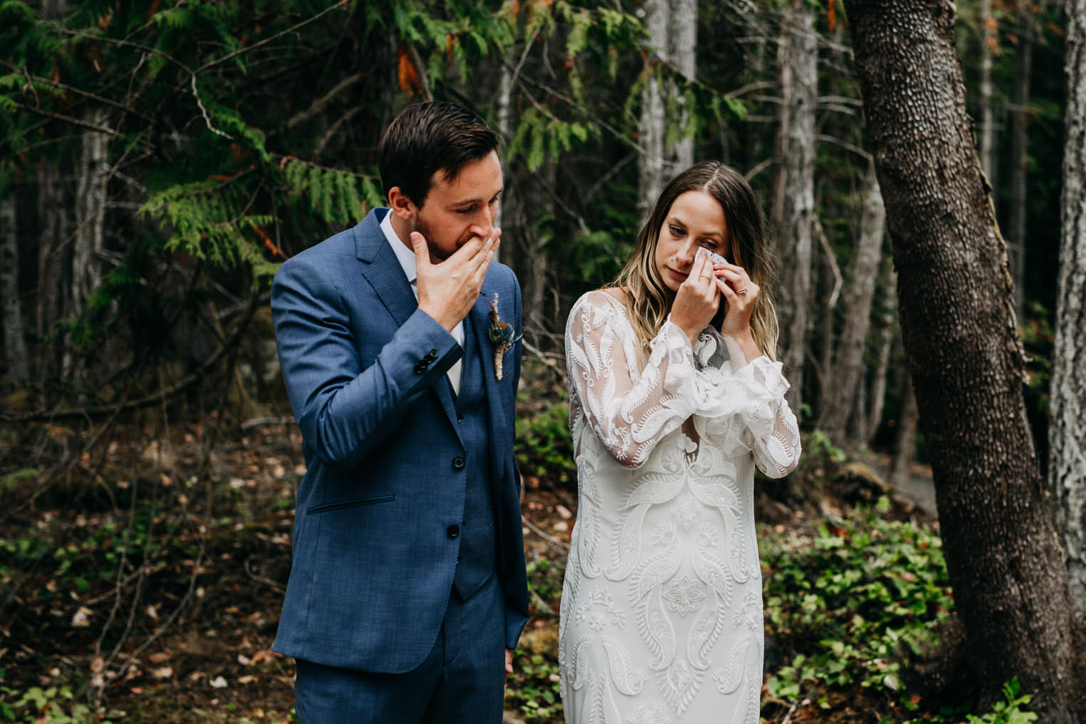 bride and groom crying at ceremony at intimate mayne island backyard wedding