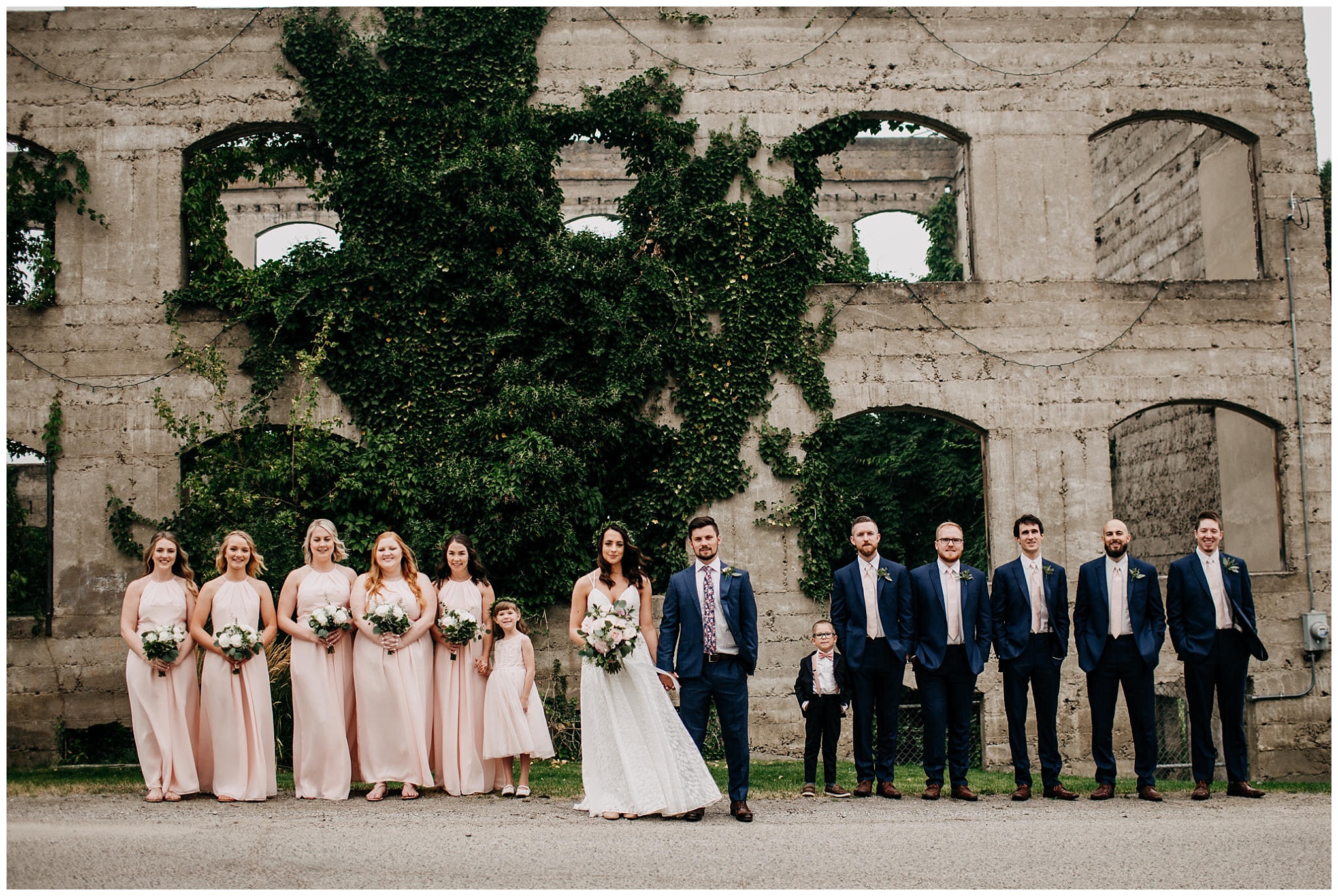 wedding party portrait at abandoned hotel in kaleden bc