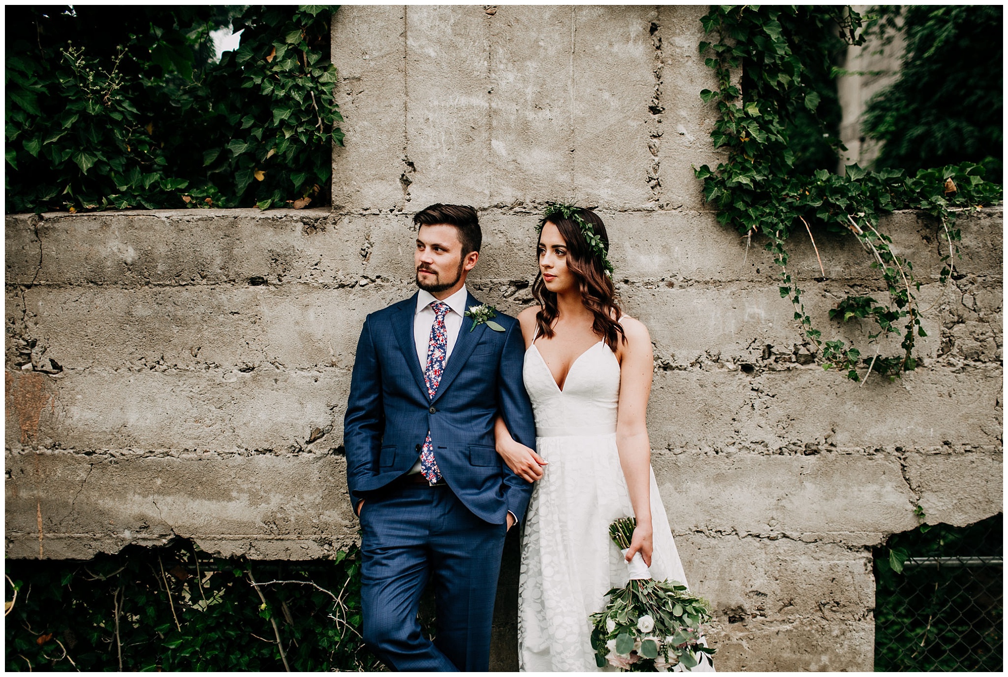 bride and groom portrait at abandoned hotel in kelowna