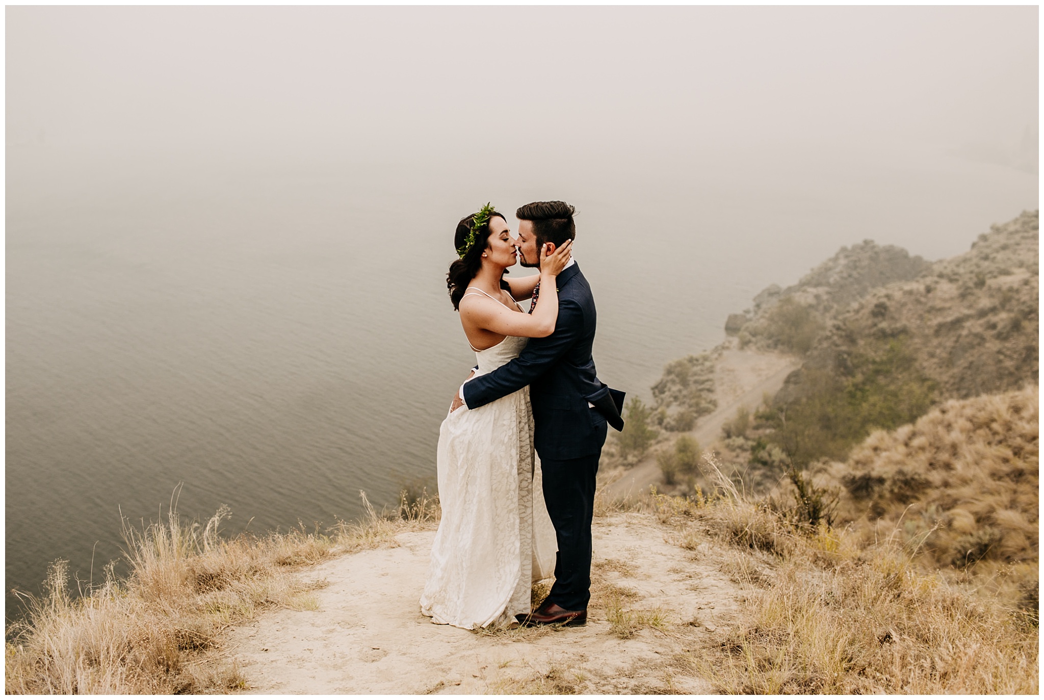 bride and groom kissing portrait at linden gardens wedding in kelowna