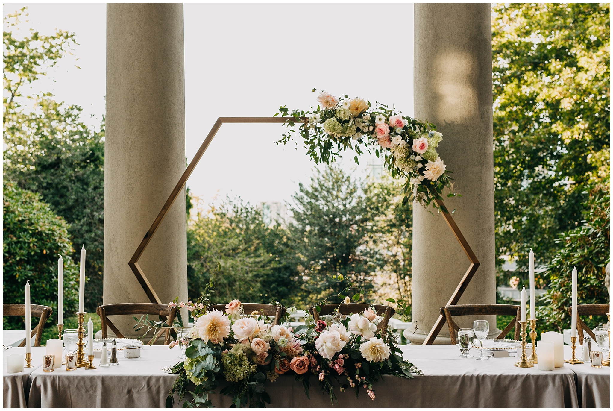 reception long table dinner decor at hycroft manor wedding