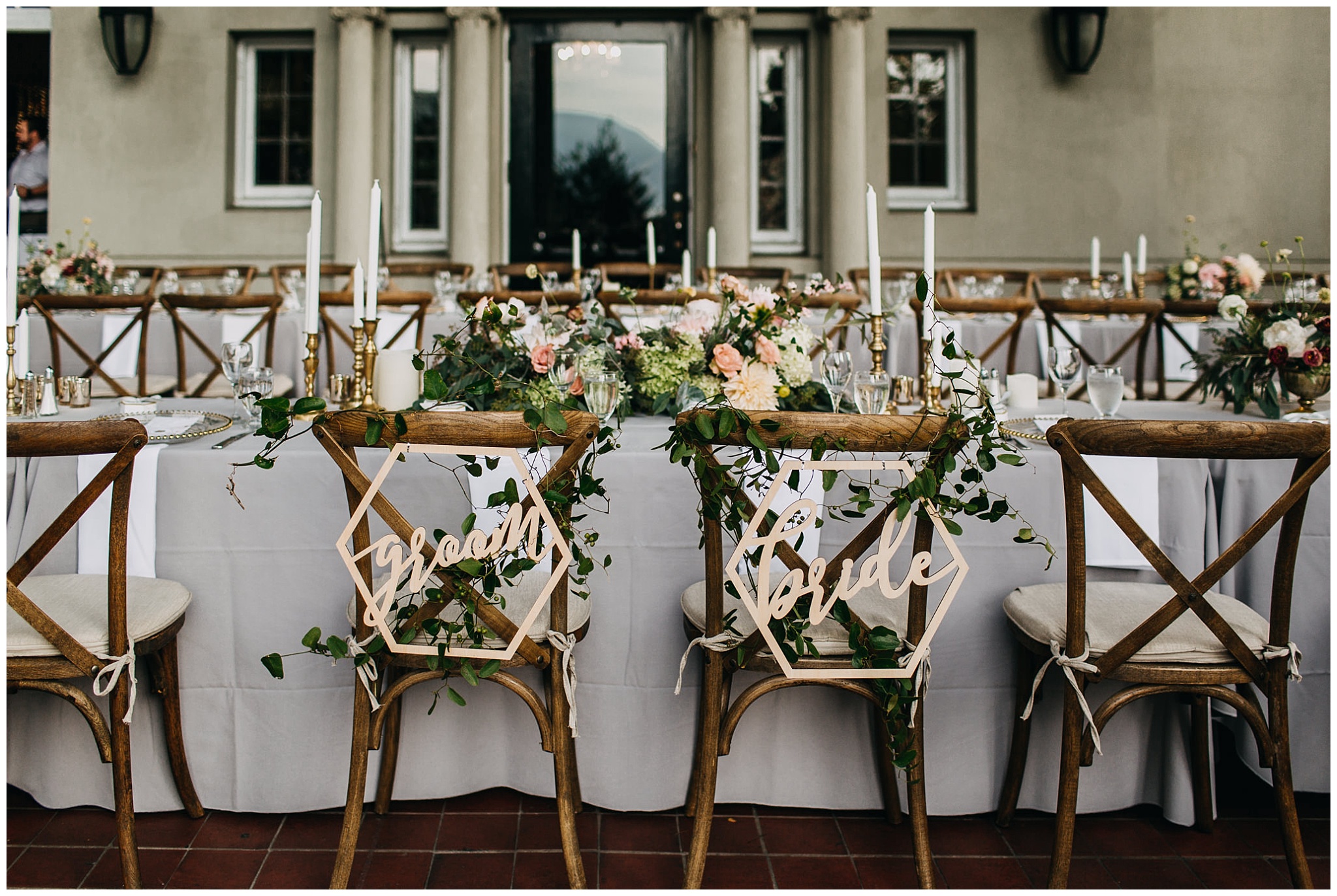 reception long table dinner decor at hycroft manor wedding