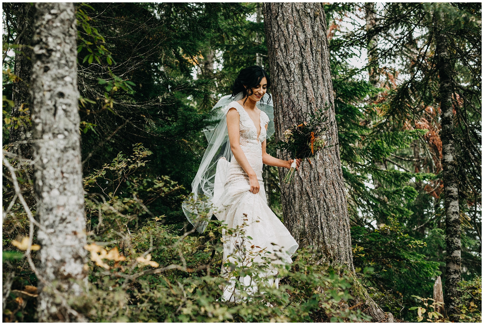 bride walking through forest to ceremony spot at whistler elopement