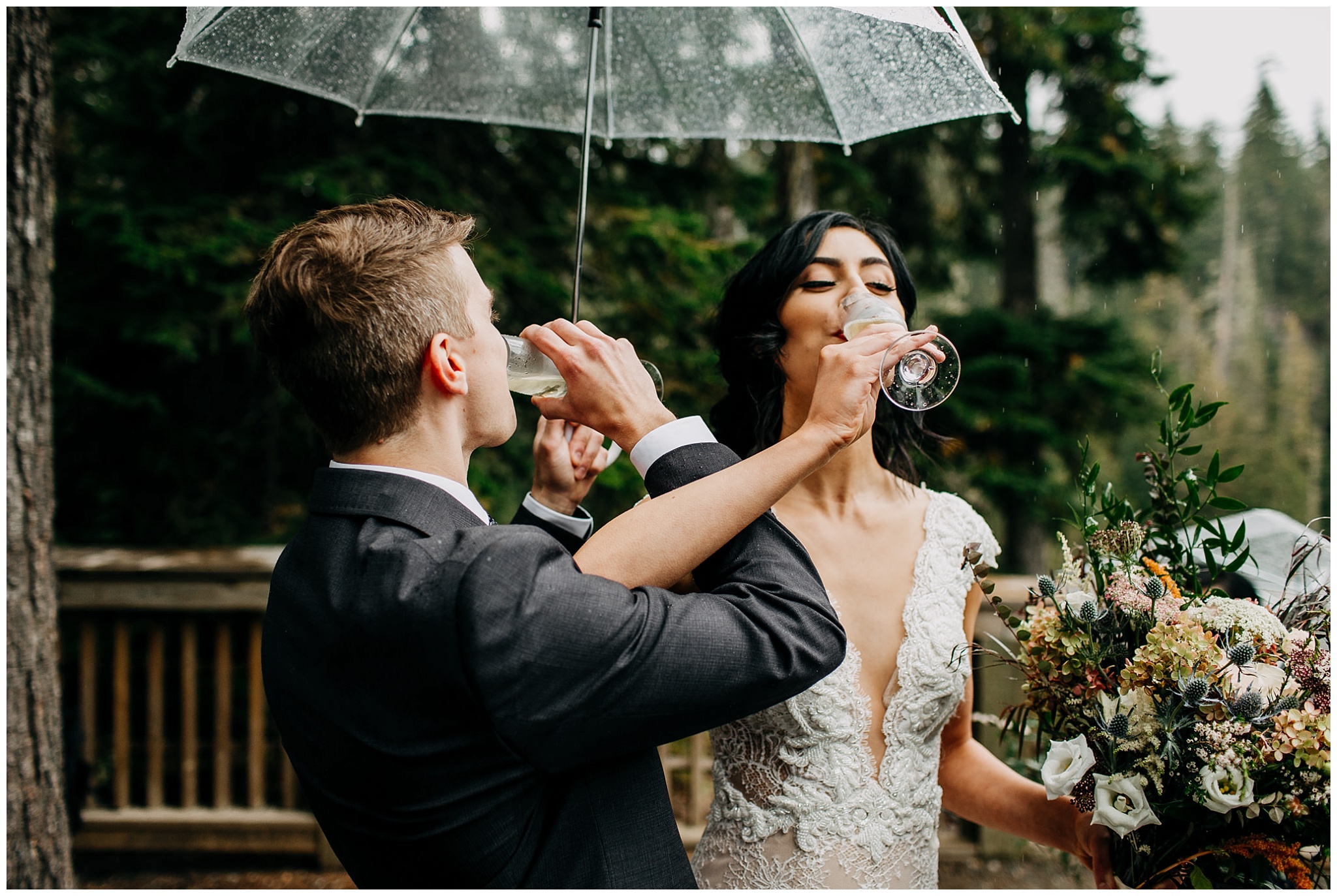 bride and groom champagne toast at whistler elopement