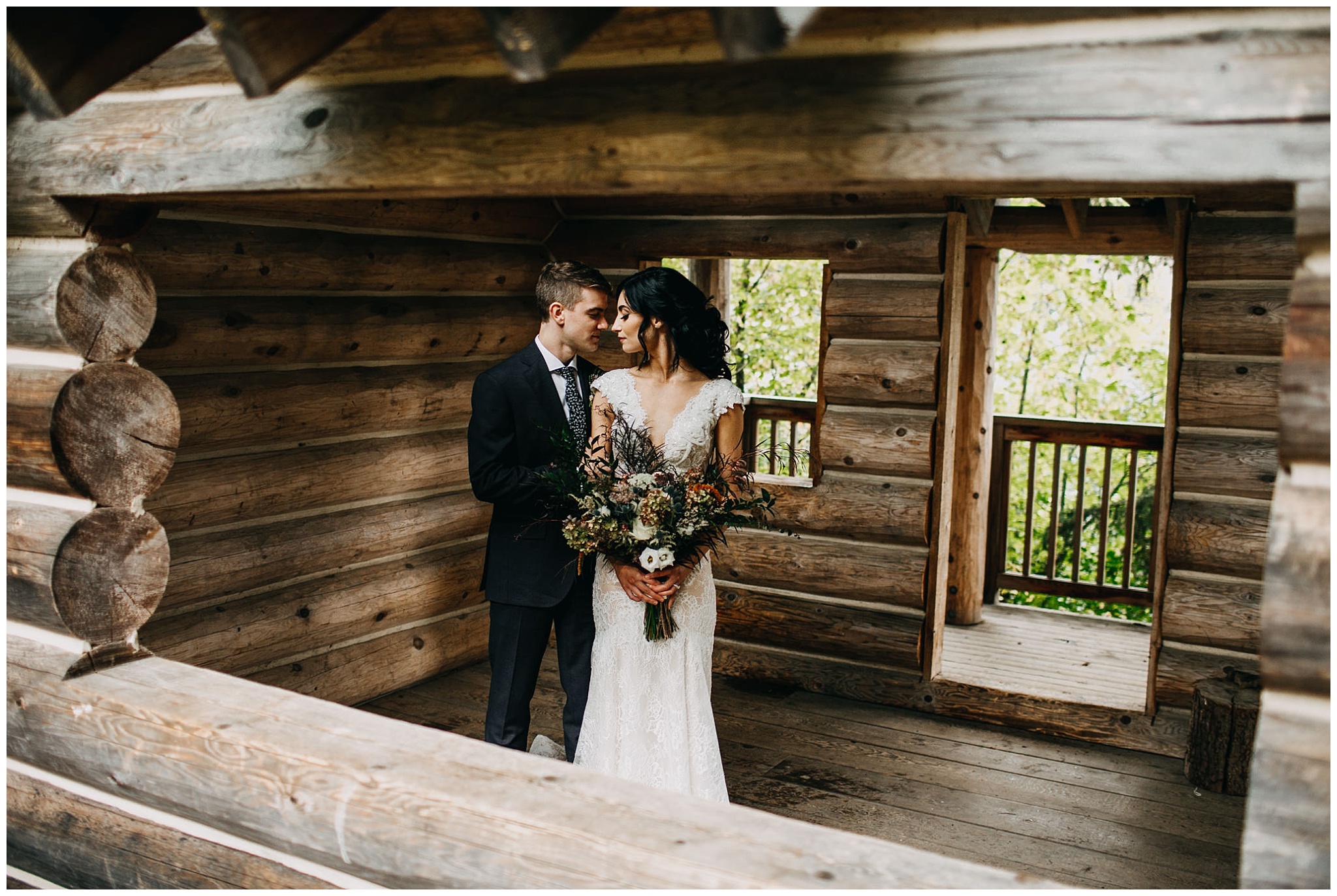 bride and groom portrait in cabin at whistler elopement