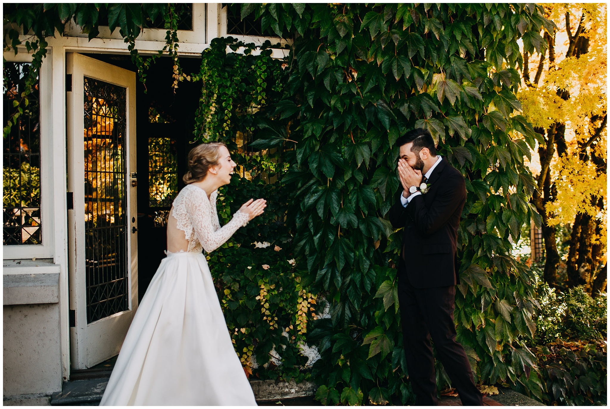 adorable bride and groom first look reaction at hycroft manor wedding