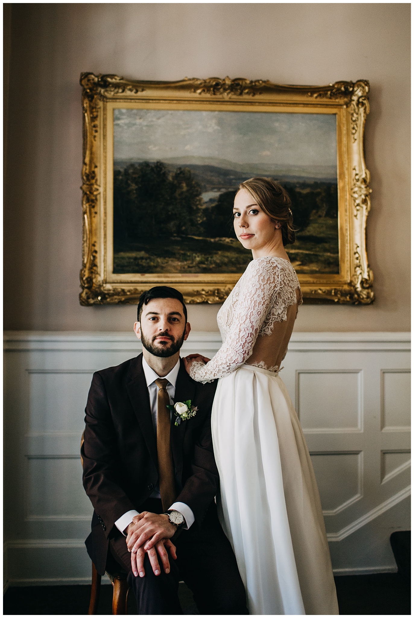 editorial bride and groom portrait inside hycroft manor wedding