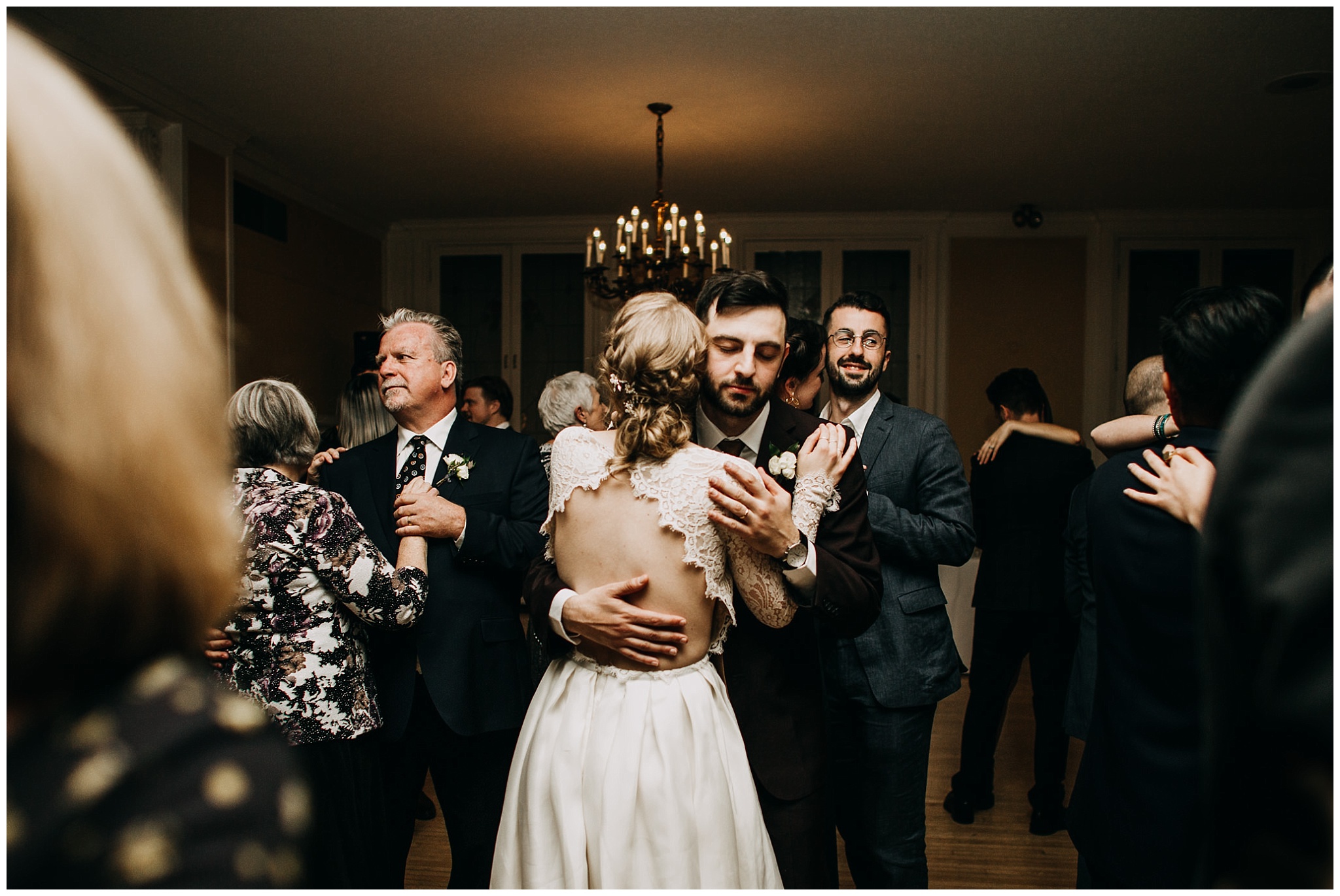 Bride and groom slow dancing on dance floor at Hycroft Manor wedding