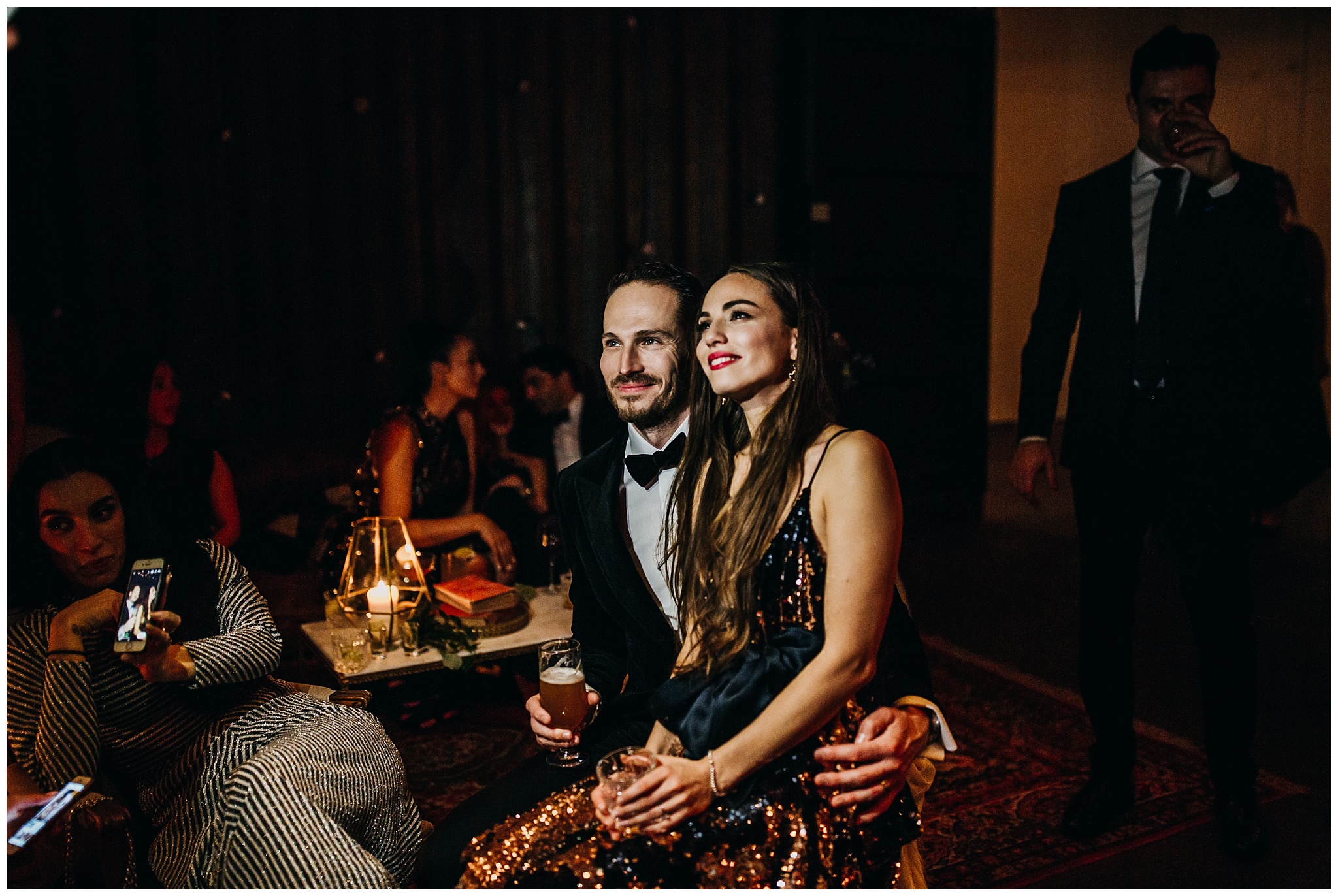 bride and groom candid portrait at settlement building wedding