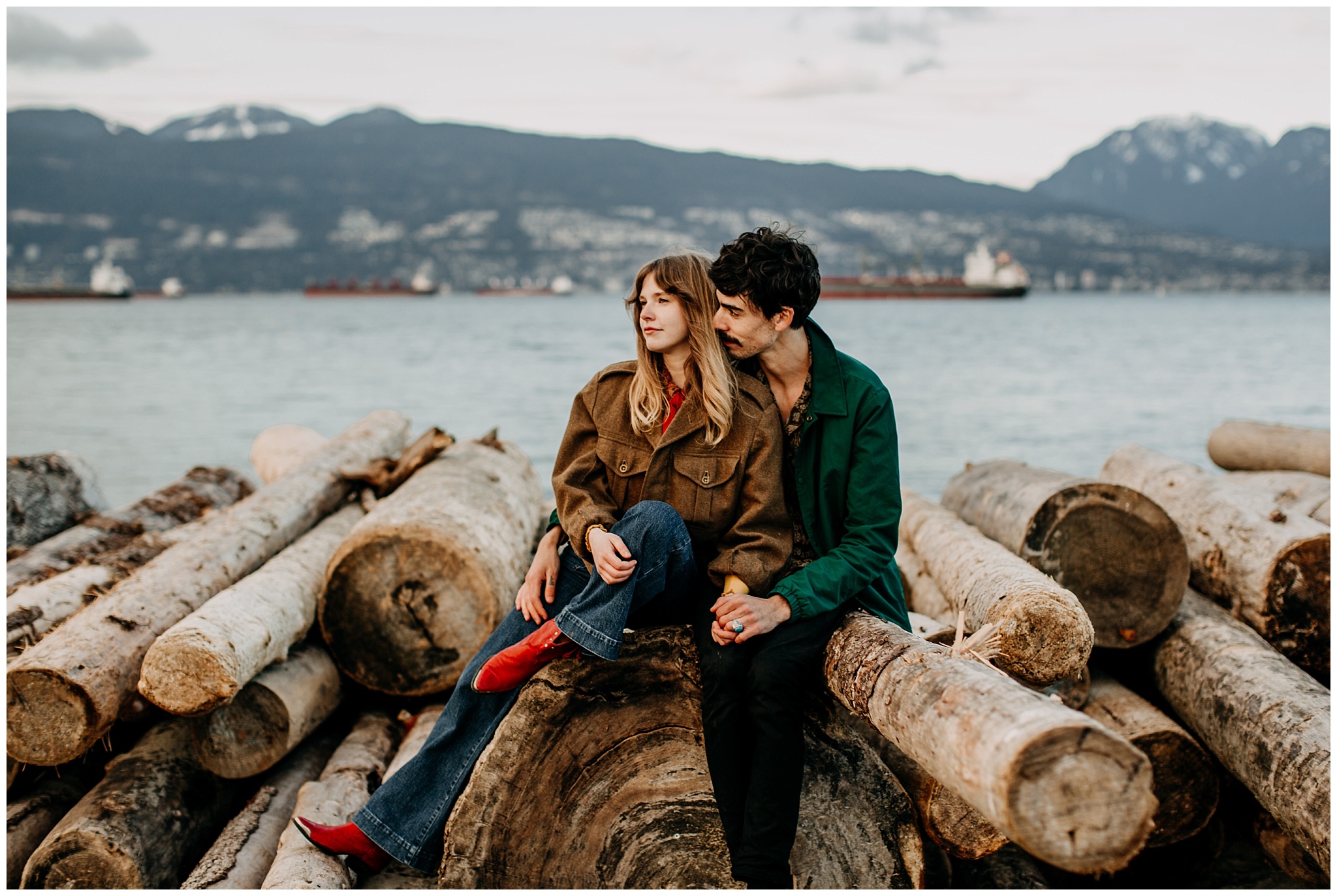 70s inspired couples outfit at jericho beach engagement session