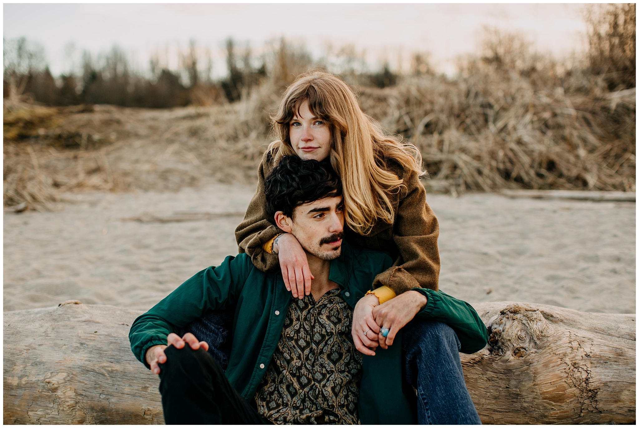 70s inspired couple on jericho beach at engagement session