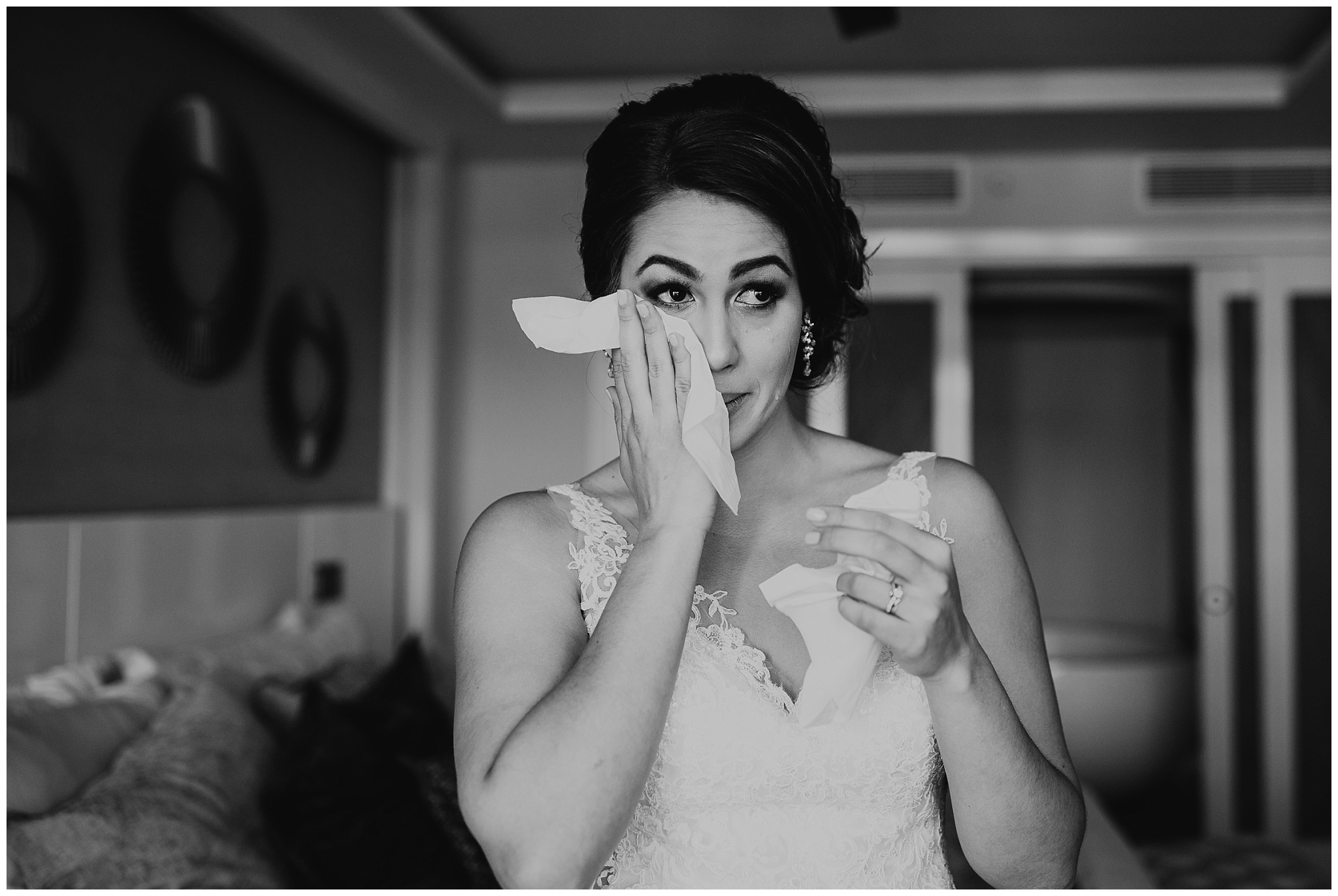 bride crying during getting ready at cancun mexico wedding