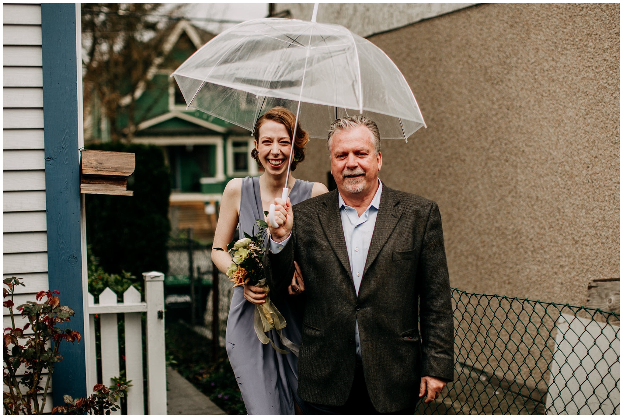 bride and father walking down aisle in vancouver backyard elopement