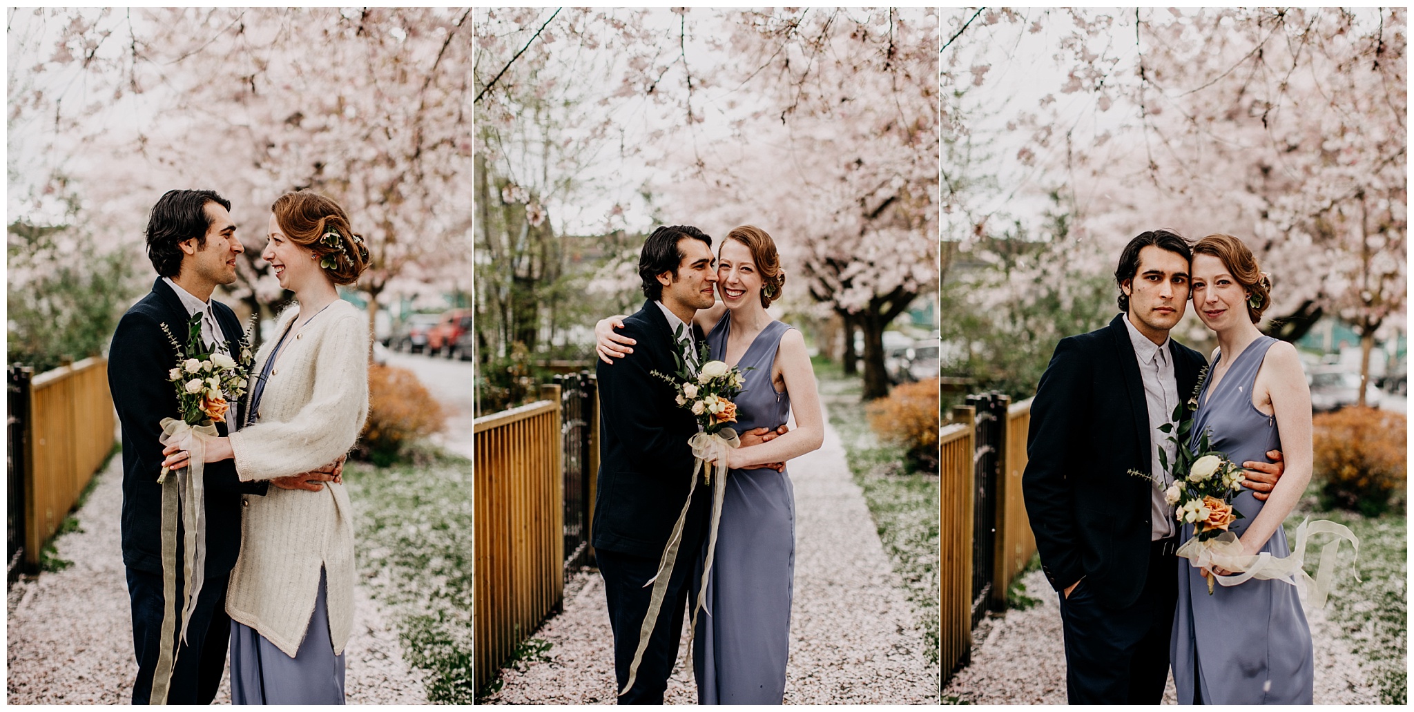 bride and groom portraits under cherry blossom in vancouver