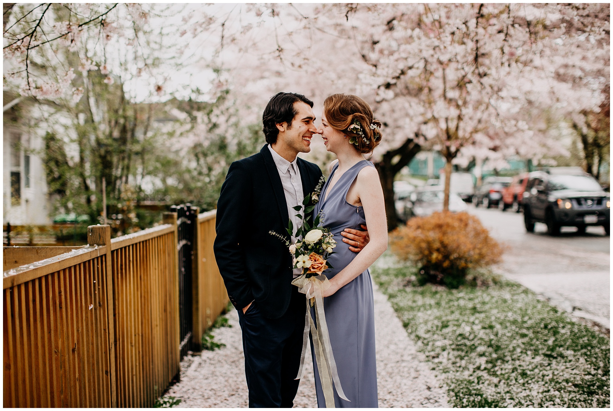 bride and groom cherry blossom portrait in vancouver