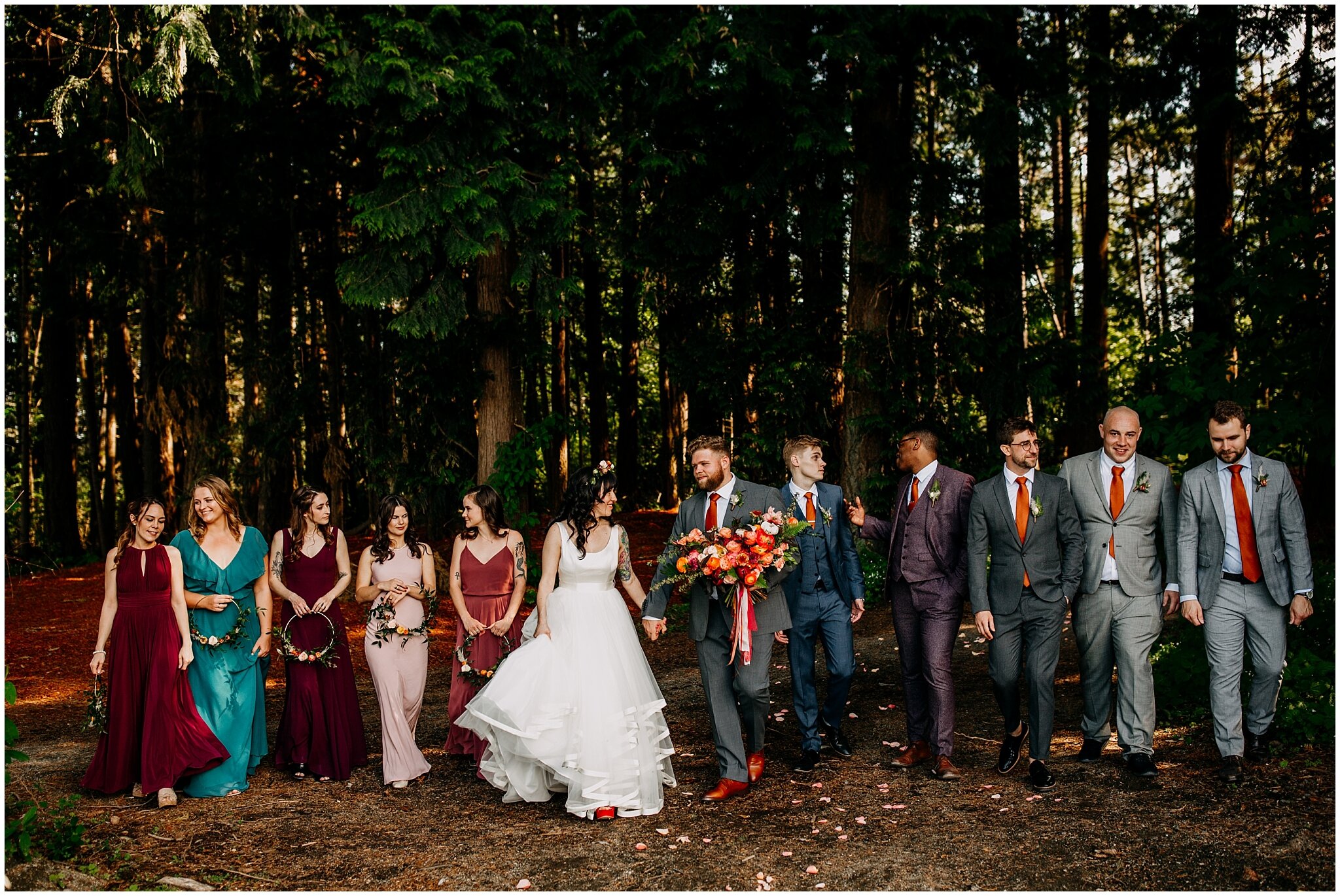 wedding party portrait in the forest at sea cider farm and ciderhouse