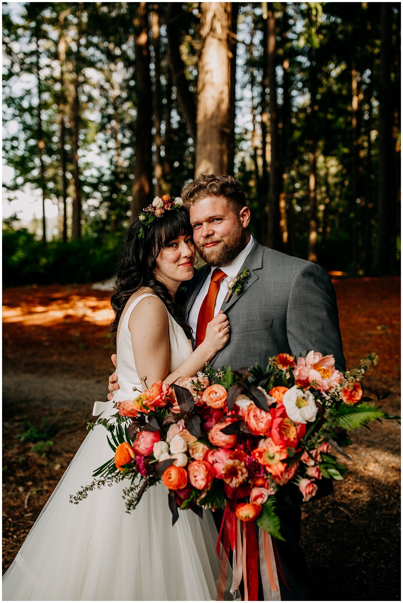 bride and groom portrait in forest at sea cider farm and ciderhouse