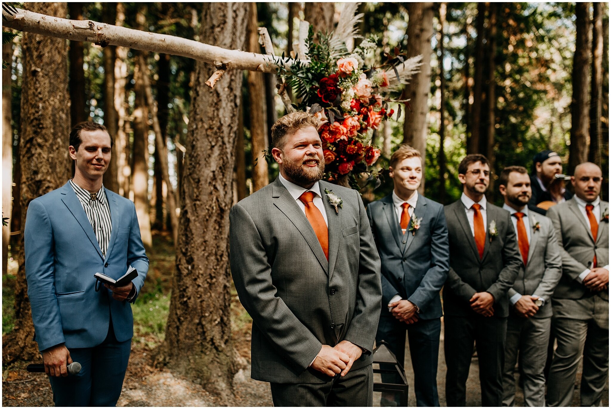 groom's reaction to seeing bride at ceremony at sea cider farm and ciderhouse wedding