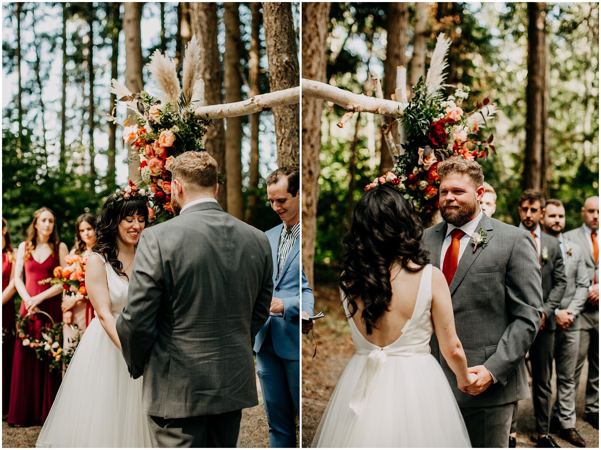 bride and groom during ceremony in forest at sea cider farm and ciderhouse