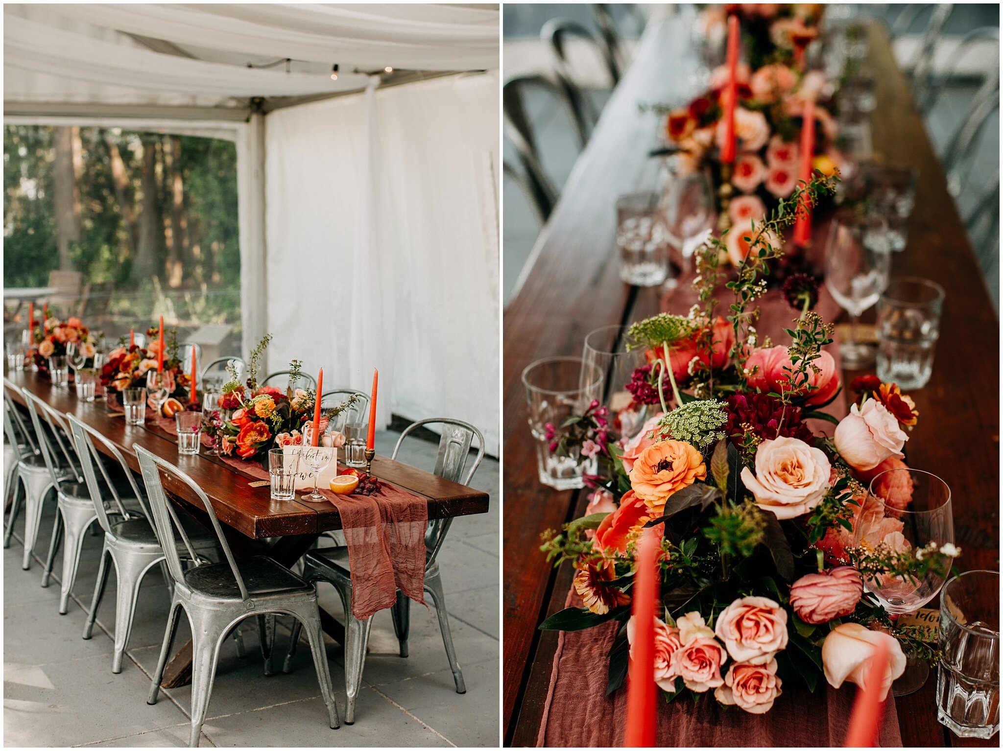 long table reception decor at sea cider farm and ciderhouse wedding