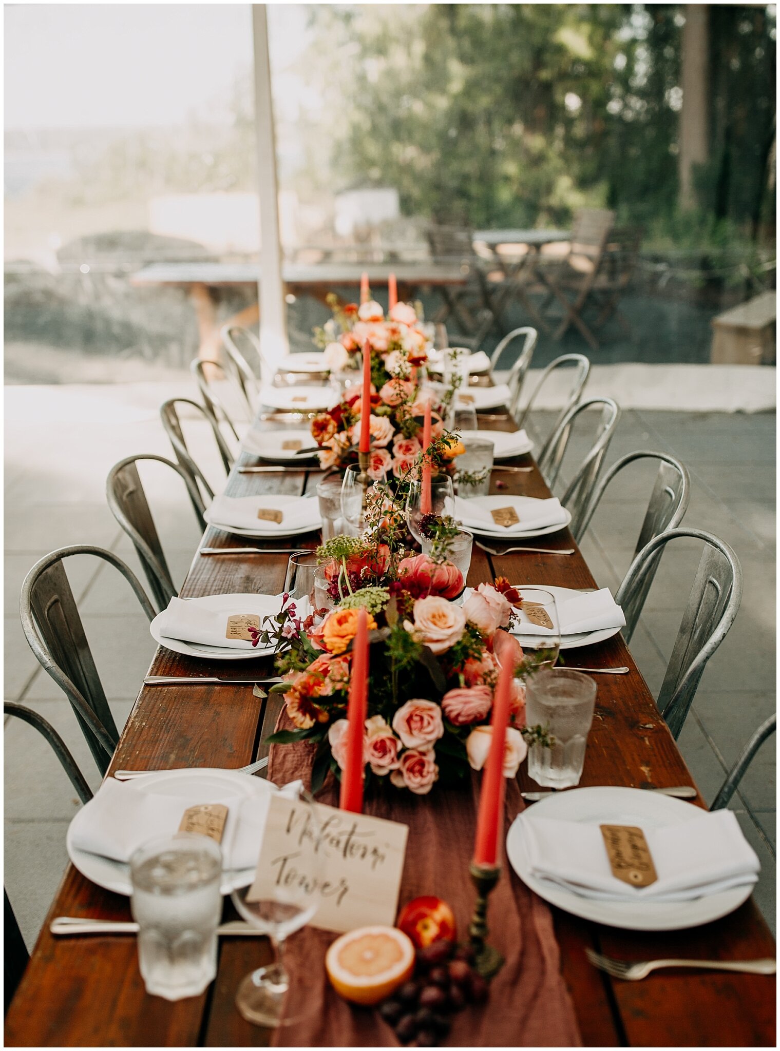 long table reception decor at sea cider farm and ciderhouse wedding