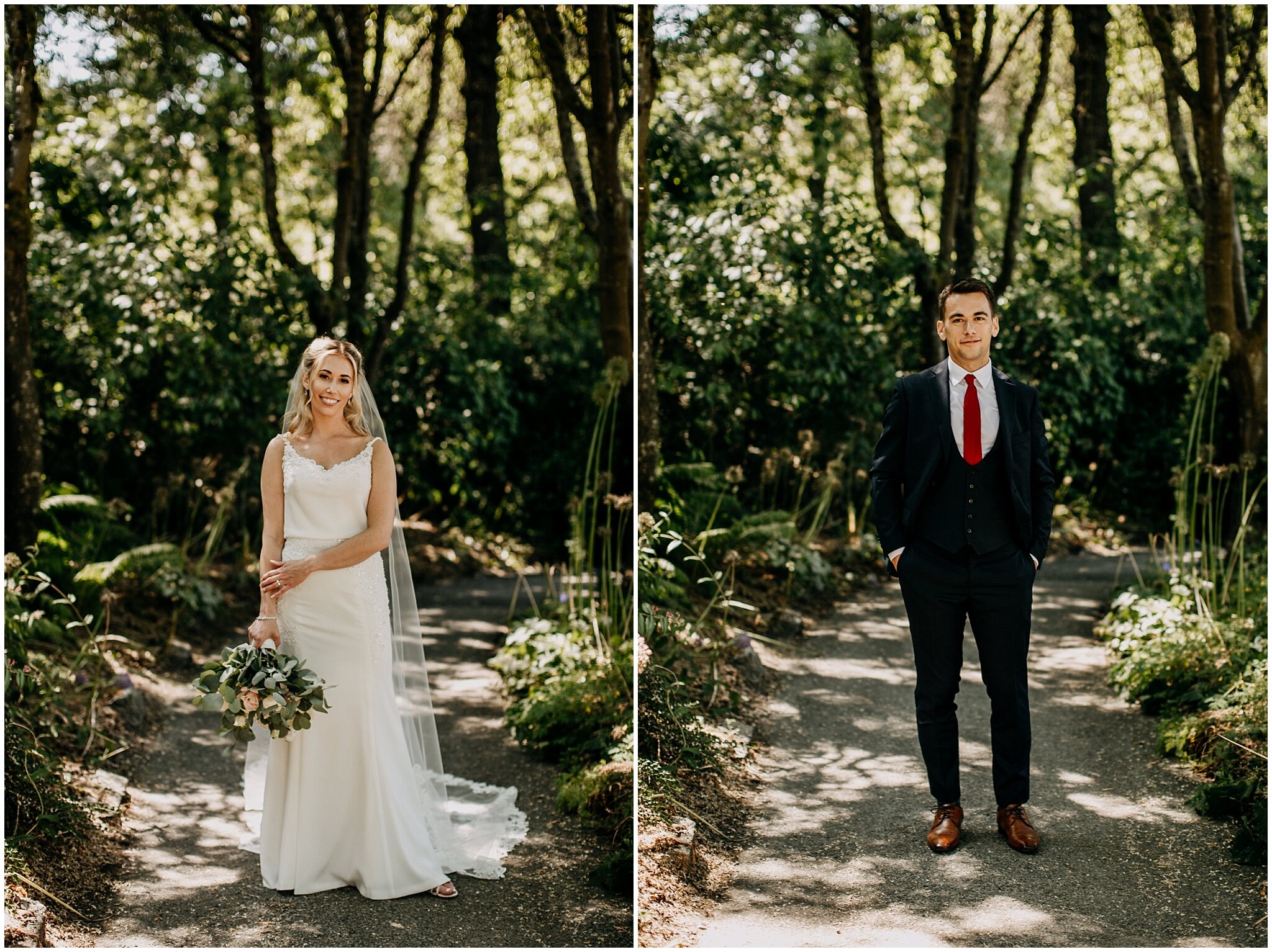 bride and groom individual portraits in van dusen gardens