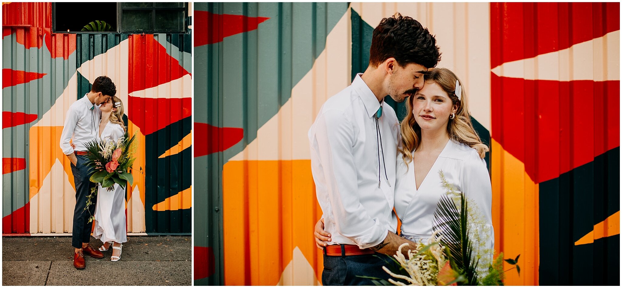 bride and groom portrait in front of colourful mural at ellis building