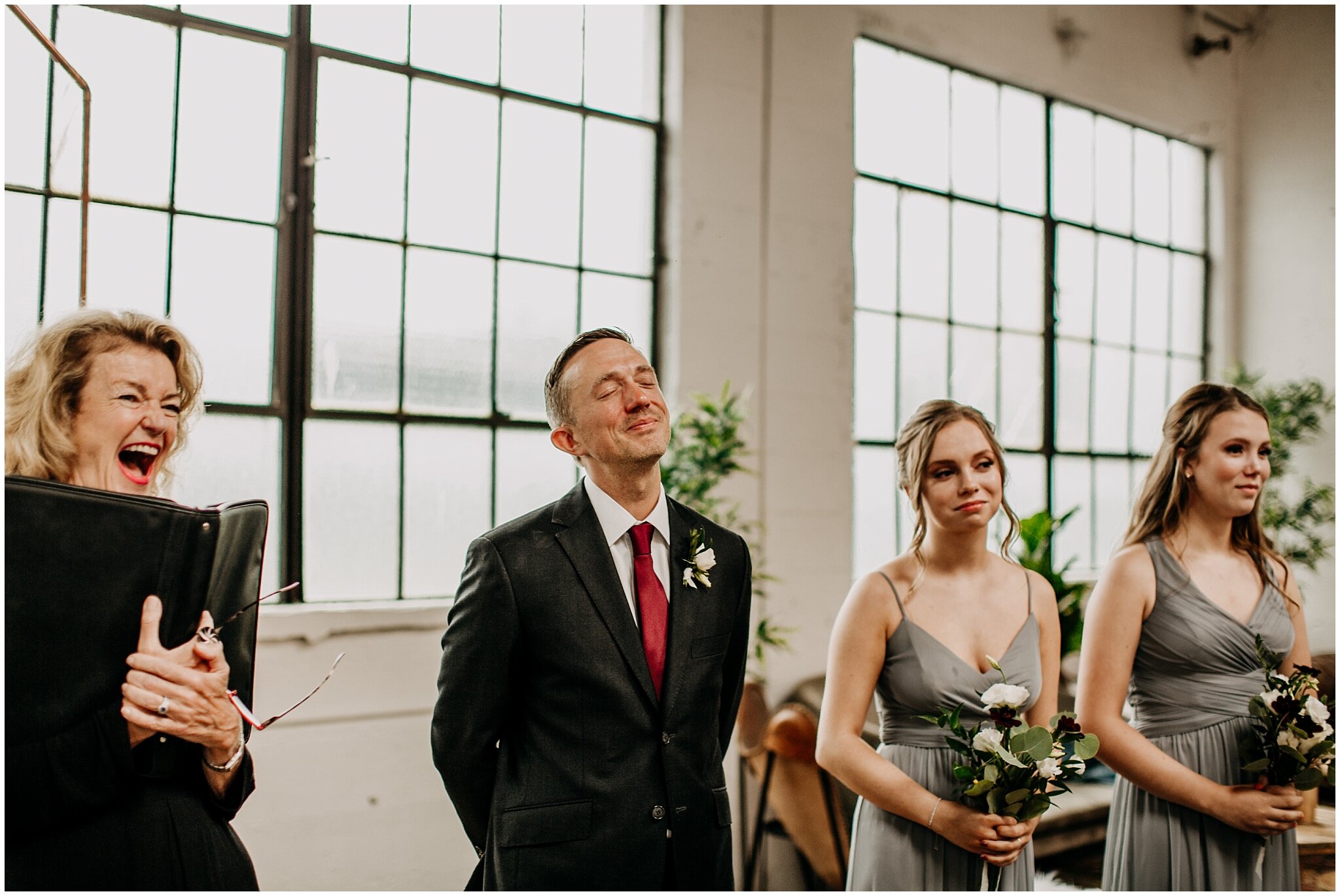 groom's reaction to bride walking down aisle at settlement building