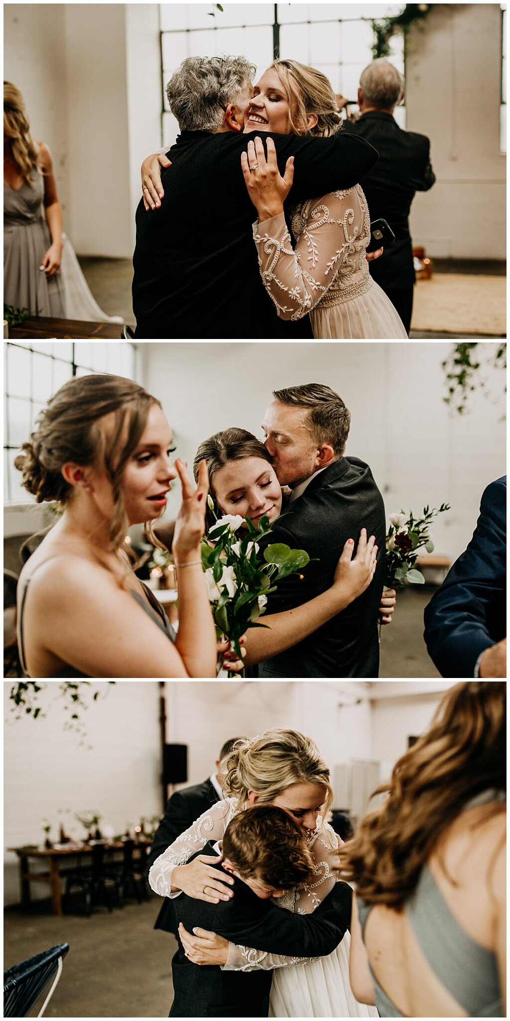 bride and groom hugging guests at settlement building wedding