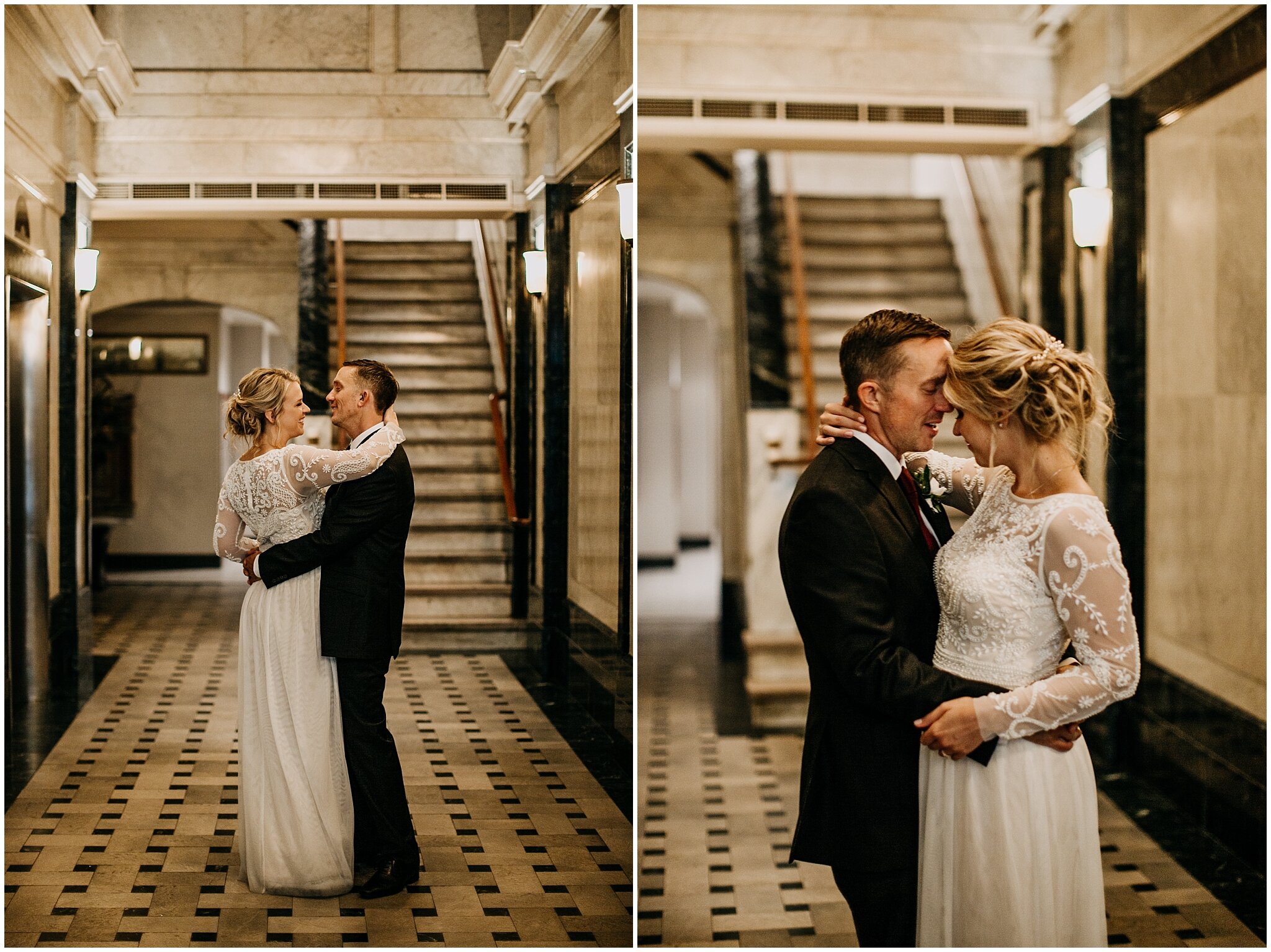 bride and groom portrait in vancouver block building