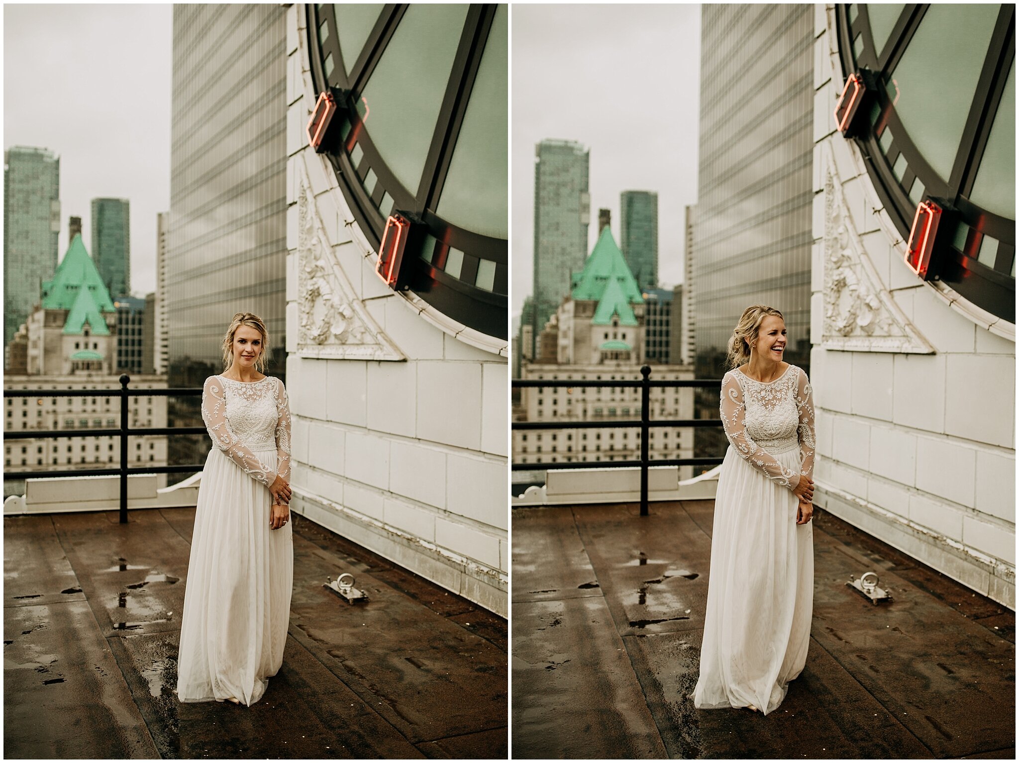 bride portrait on vancouver block clock tower rooftop