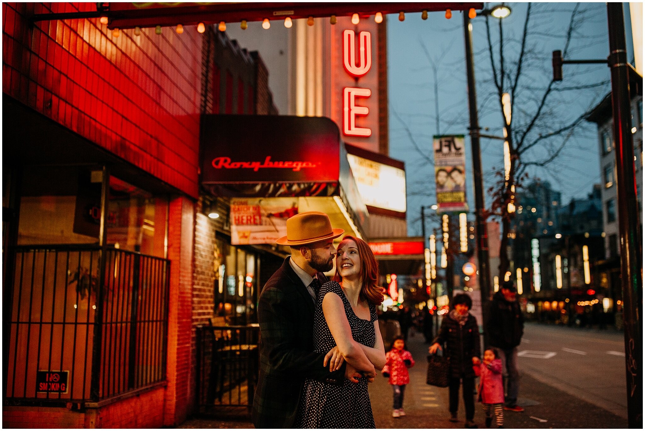 downtown vancouver granville strip neon lights engagement session