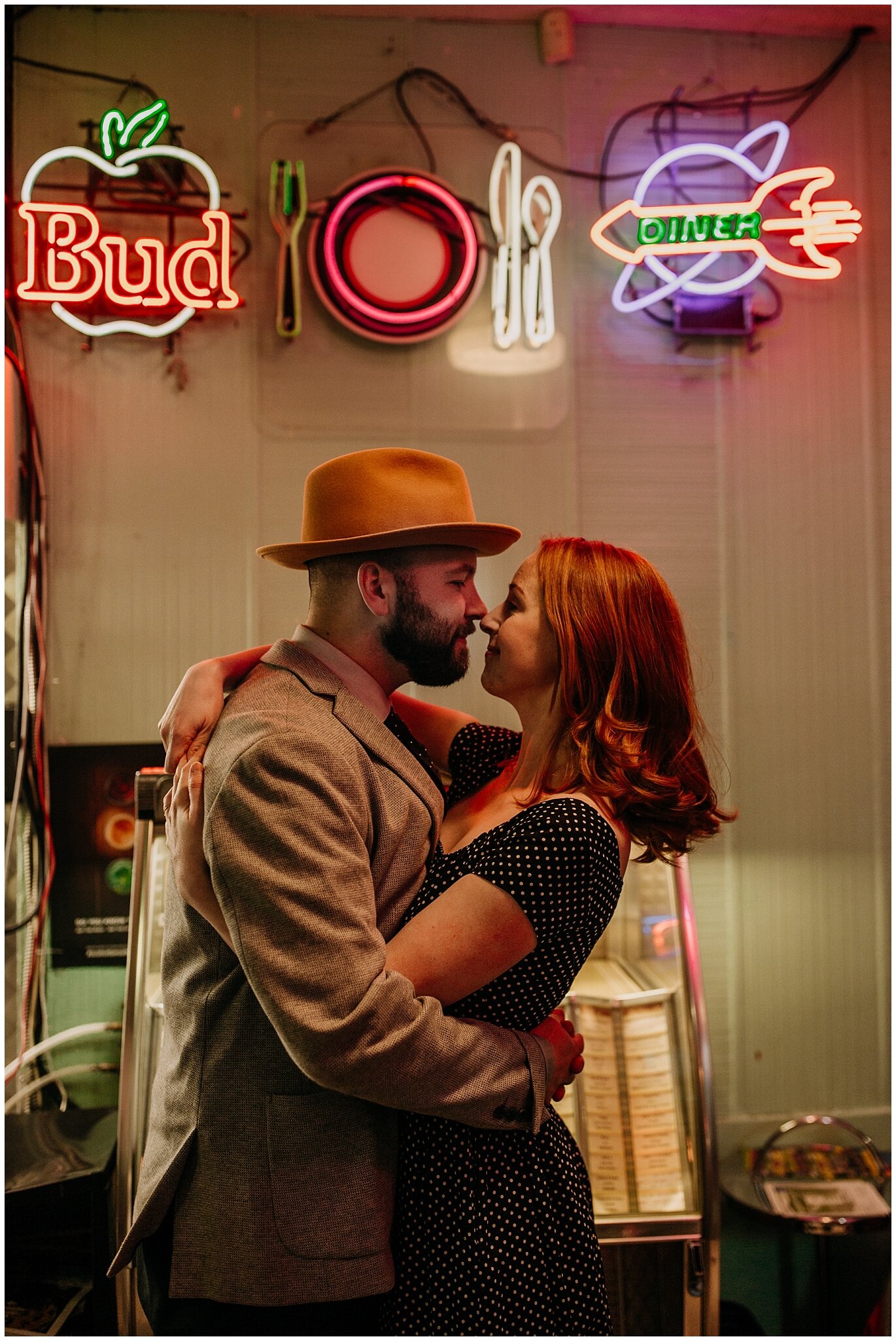 neon lights engagement photos in the templeton vancouver