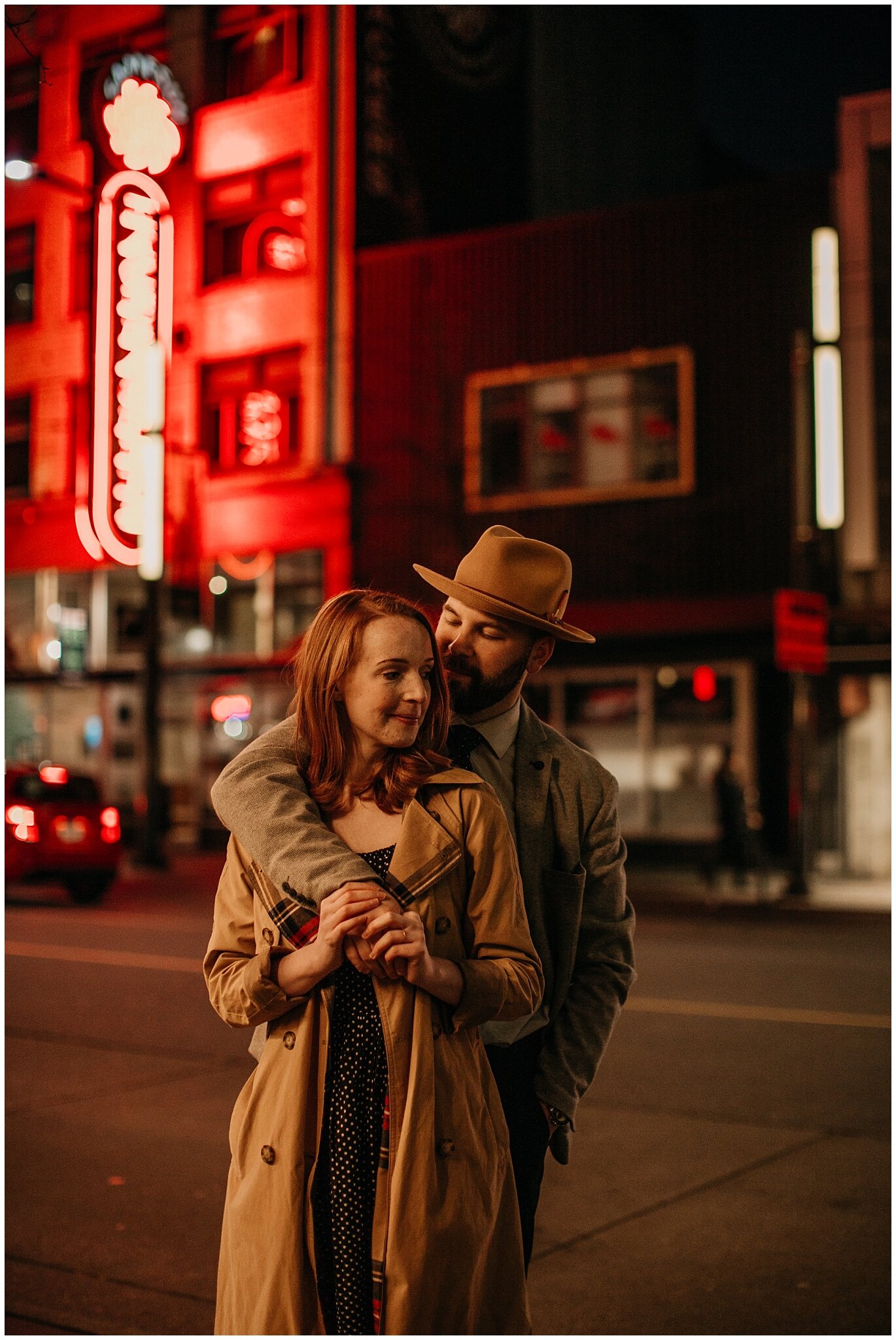 neon lights engagement session on the granville strip