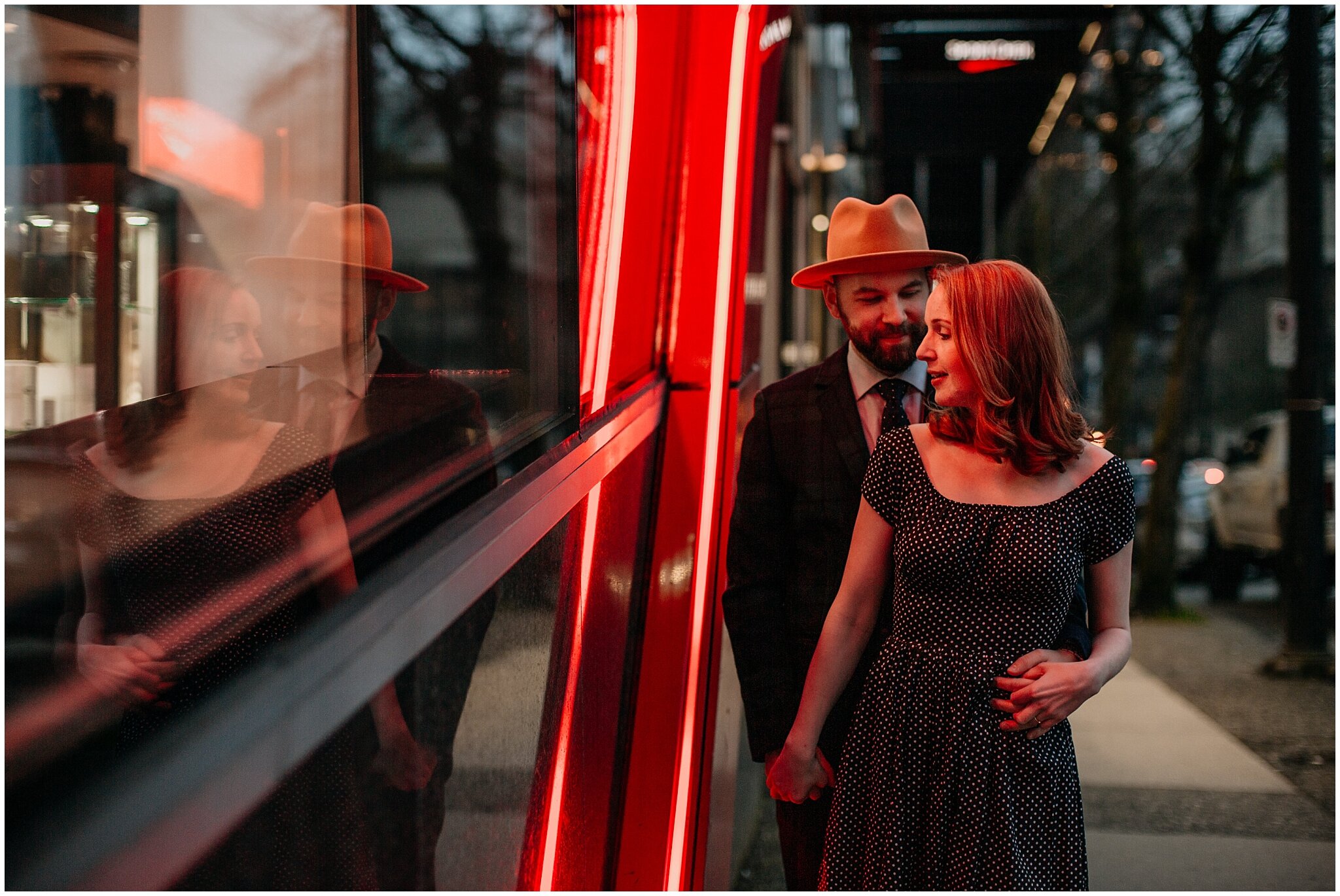 neon lights engagement session in downtown vancouver