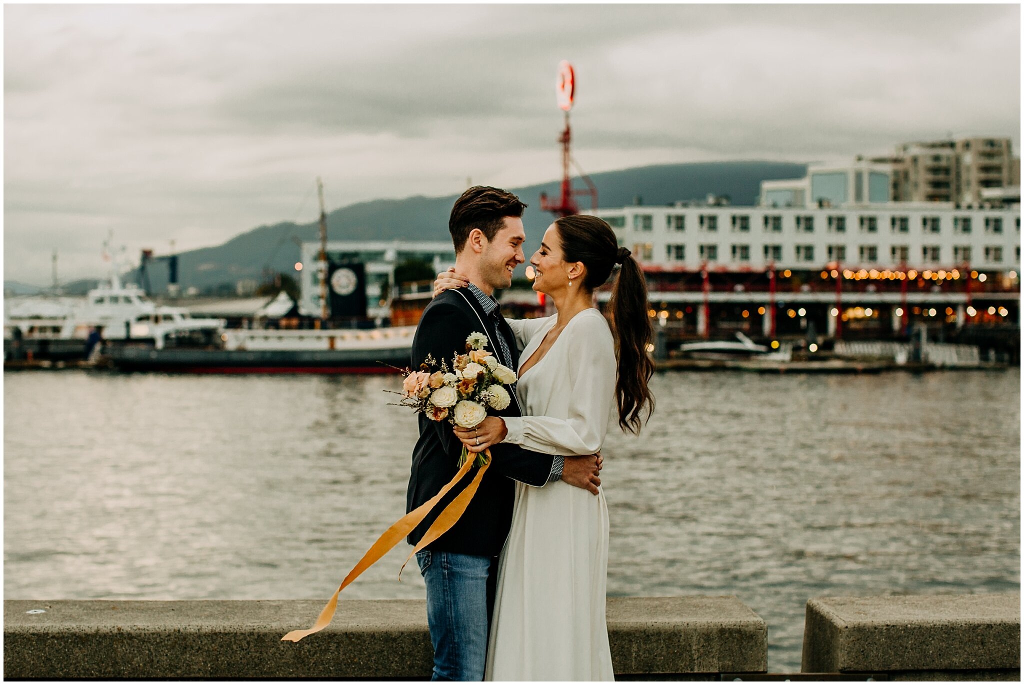 bride and groom portrait on the lonsdale quay for rocky mountain bride styled shoot
