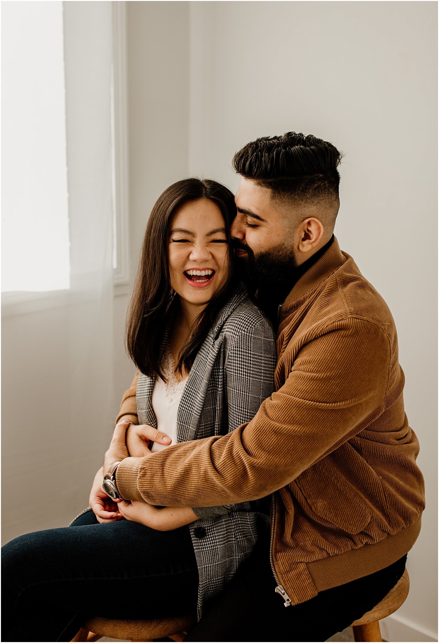 candid couples portrait in natural light studio in vancouver