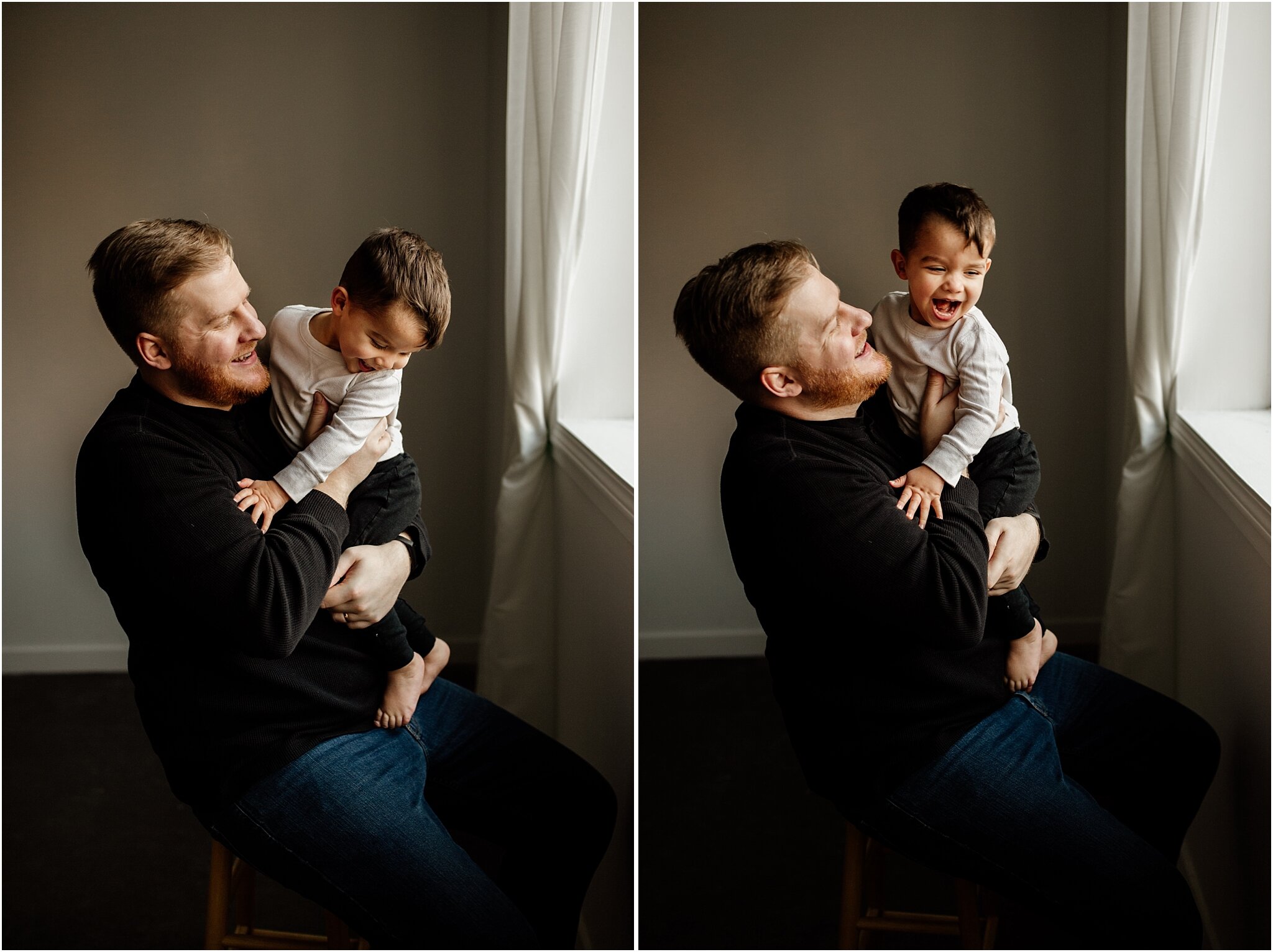 candid studio portrait of dad playing with toddler son