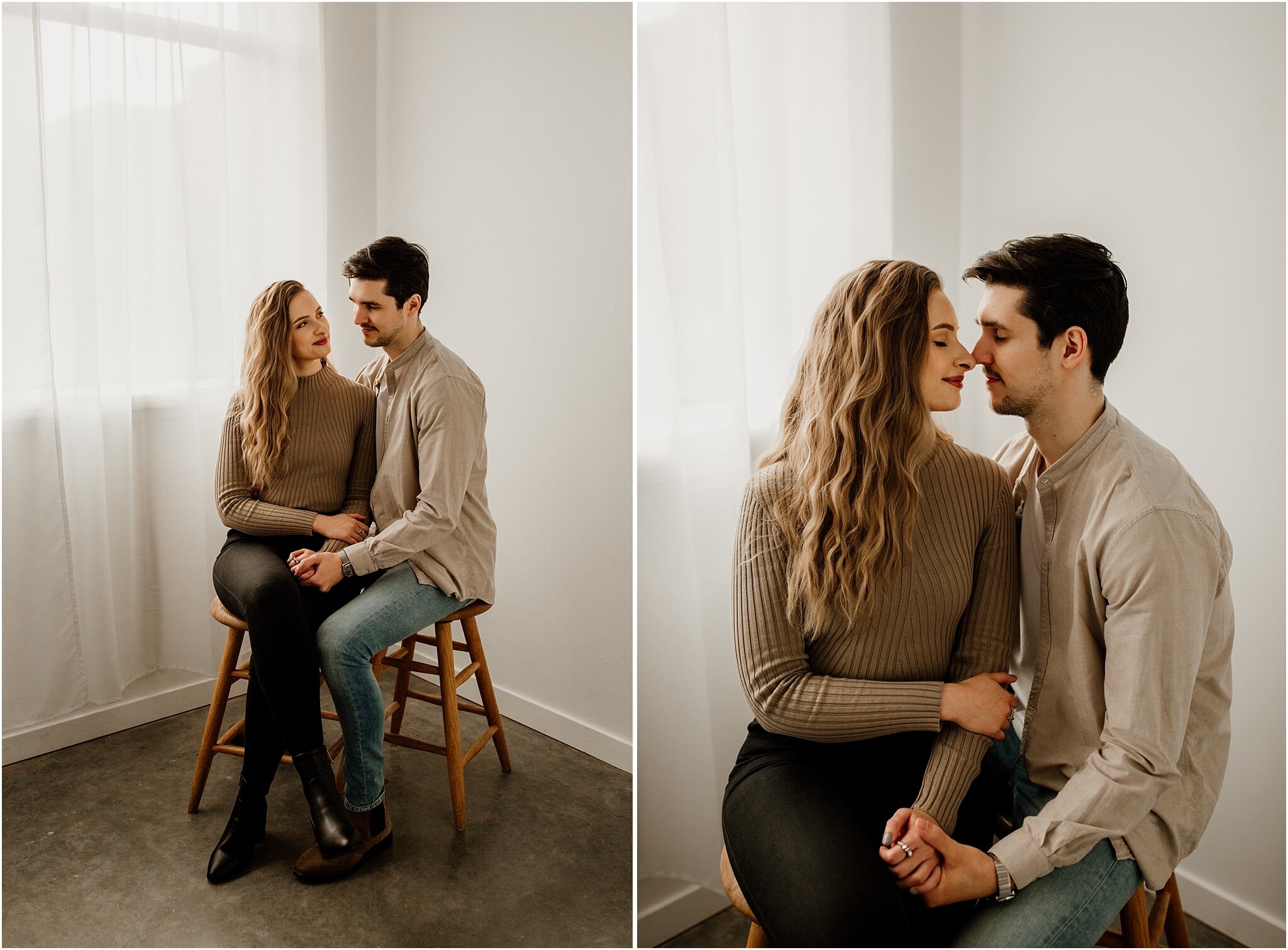 natural light studio portrait of couple sitting on stools in front of white walls and curtains
