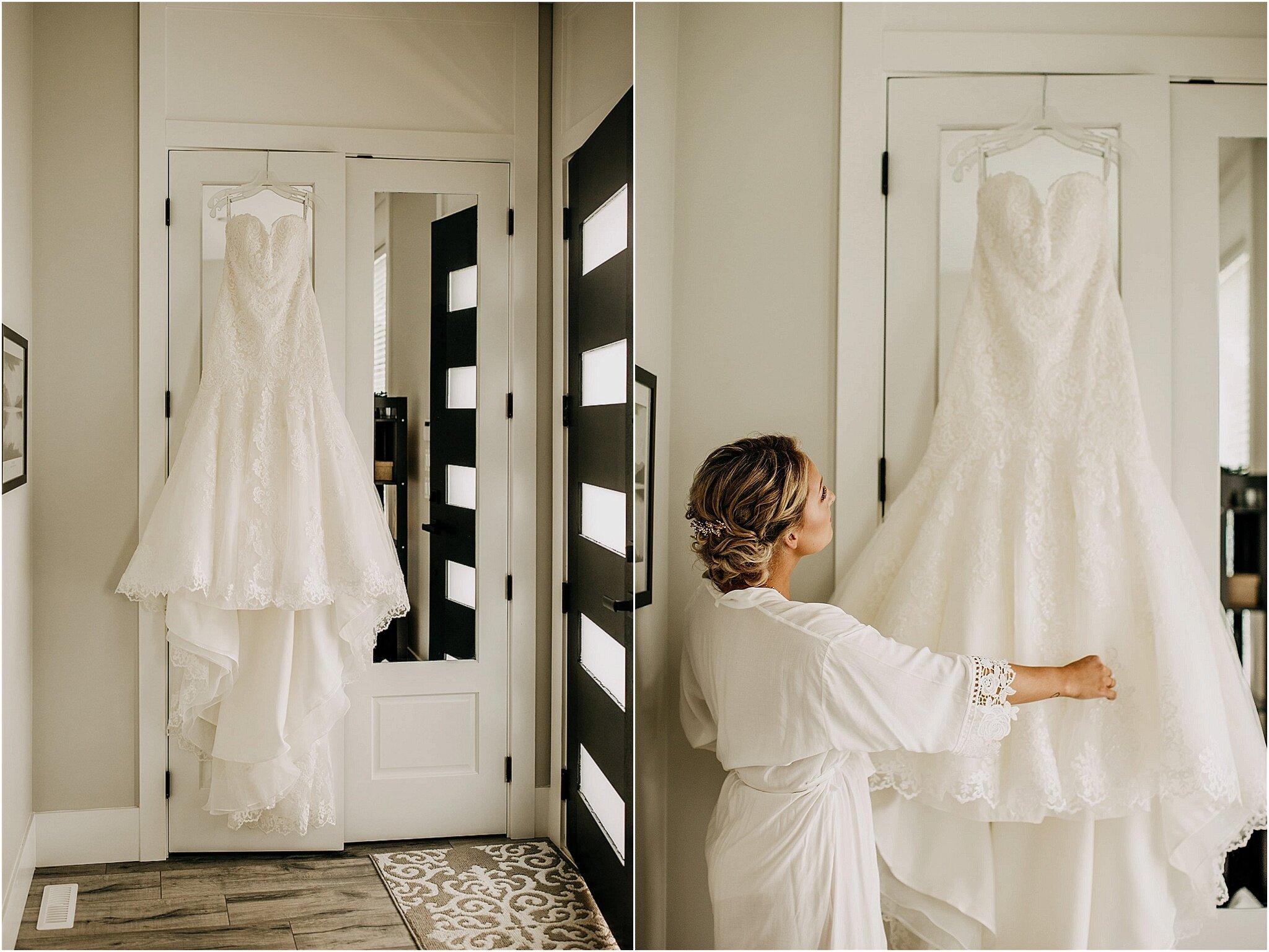 bride looking at her wedding dress in Surrey BC