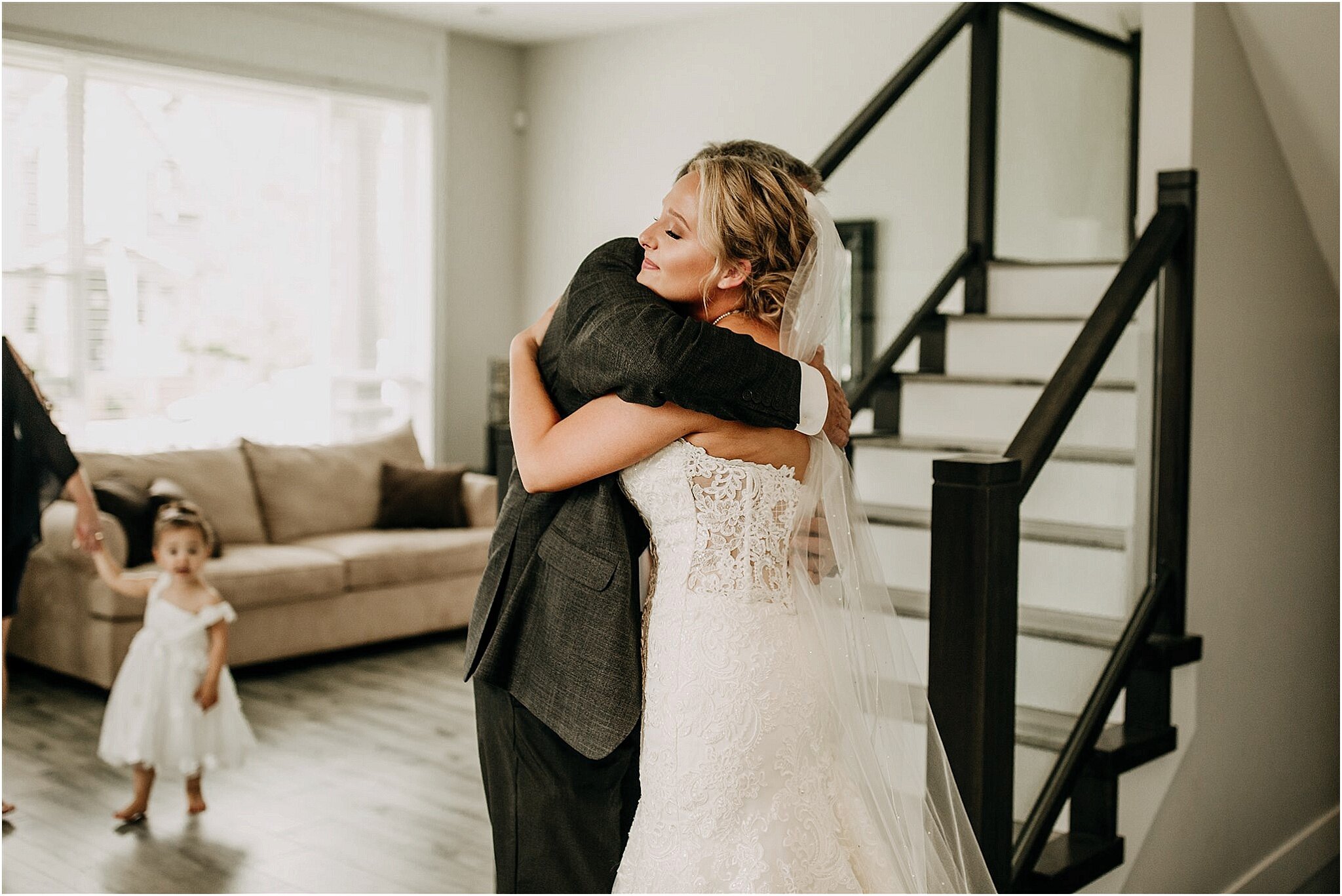 emotional first look with dad and bride Surrey backyard wedding