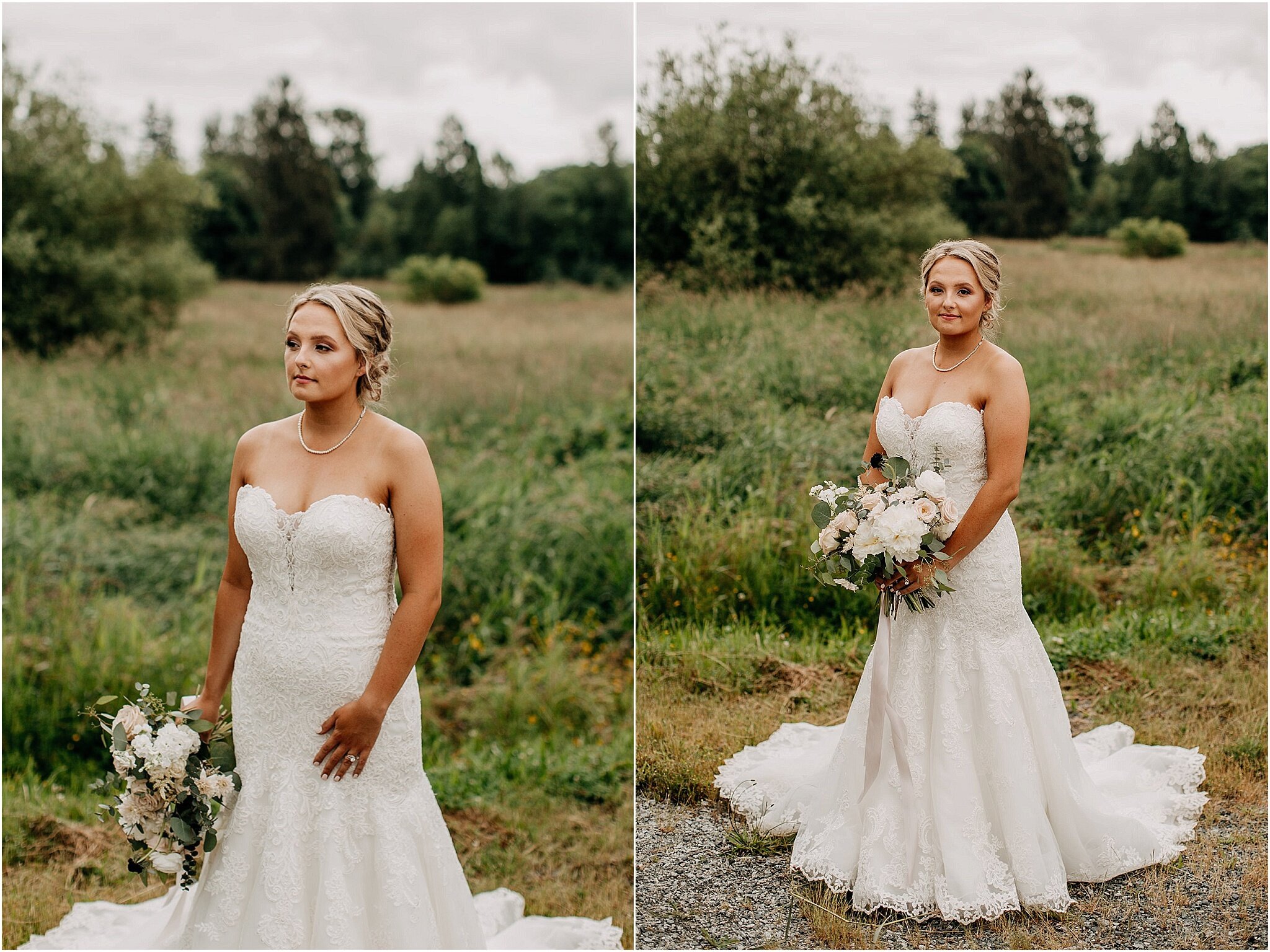 bride portrait with wedding dress and bouquet at Surrey backyard wedding