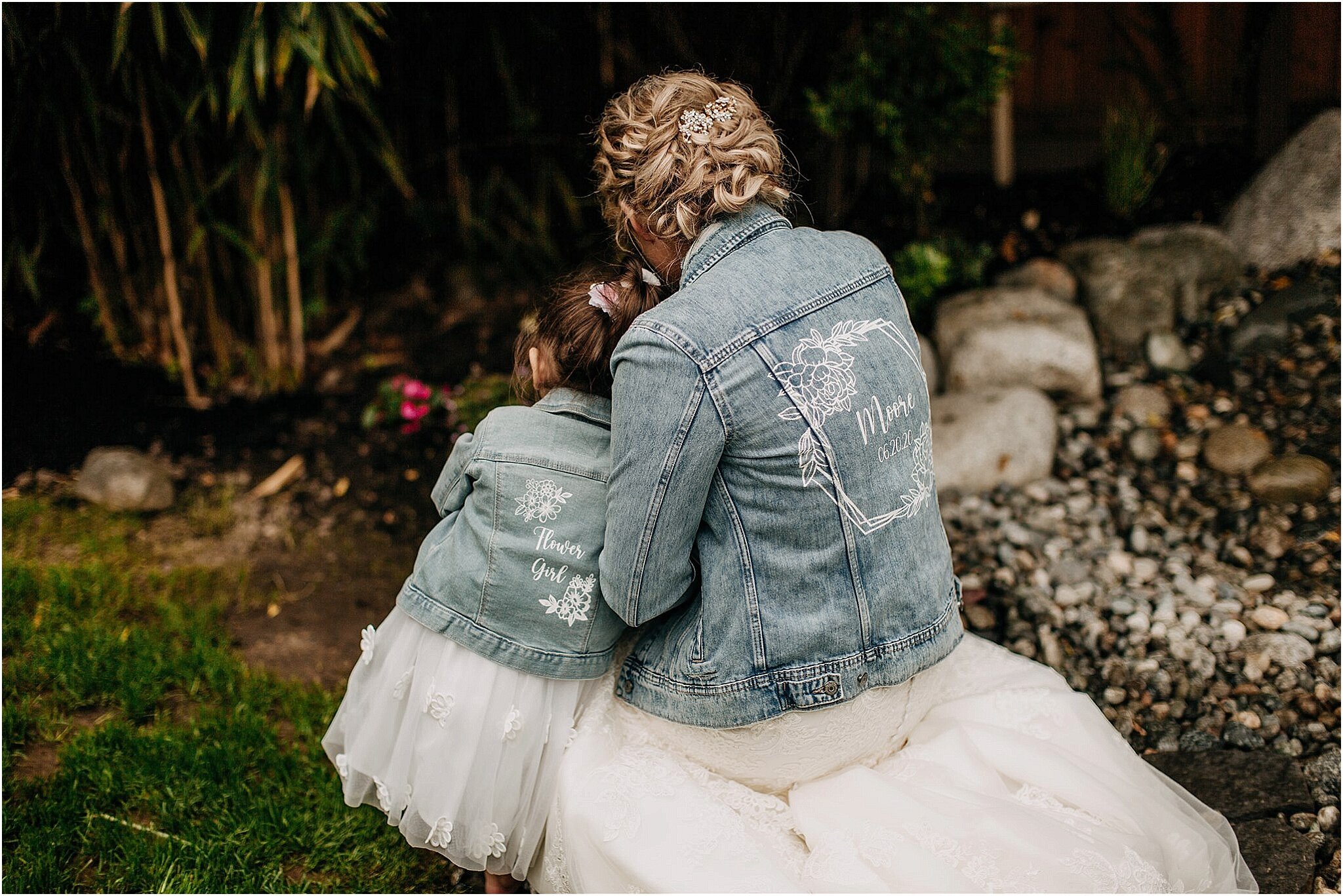 bride and flower girl in intimate backyard wedding Surrey BC