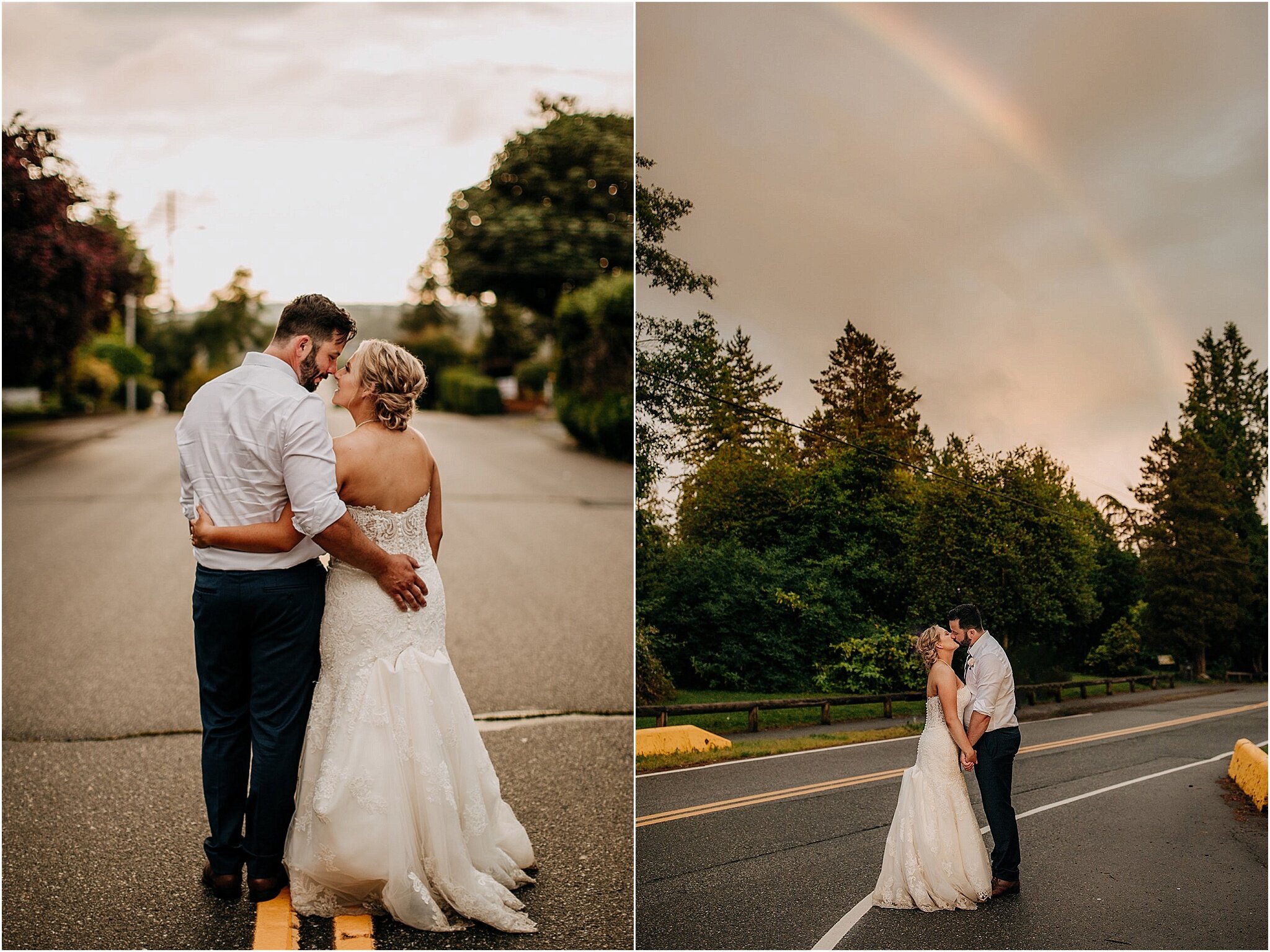 bride and groom kiss with rainbow at sunset intimate wedding in Surrey BC