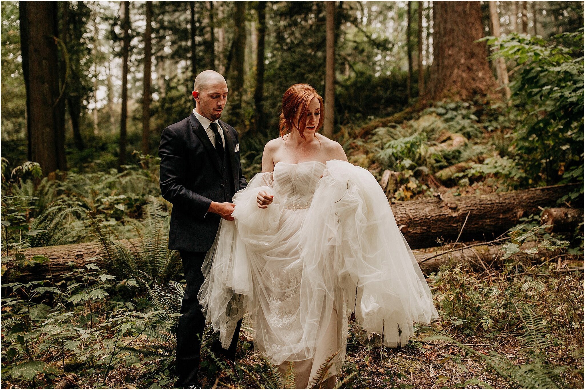 bride and groom walking in forest Port Coquitlam BC
